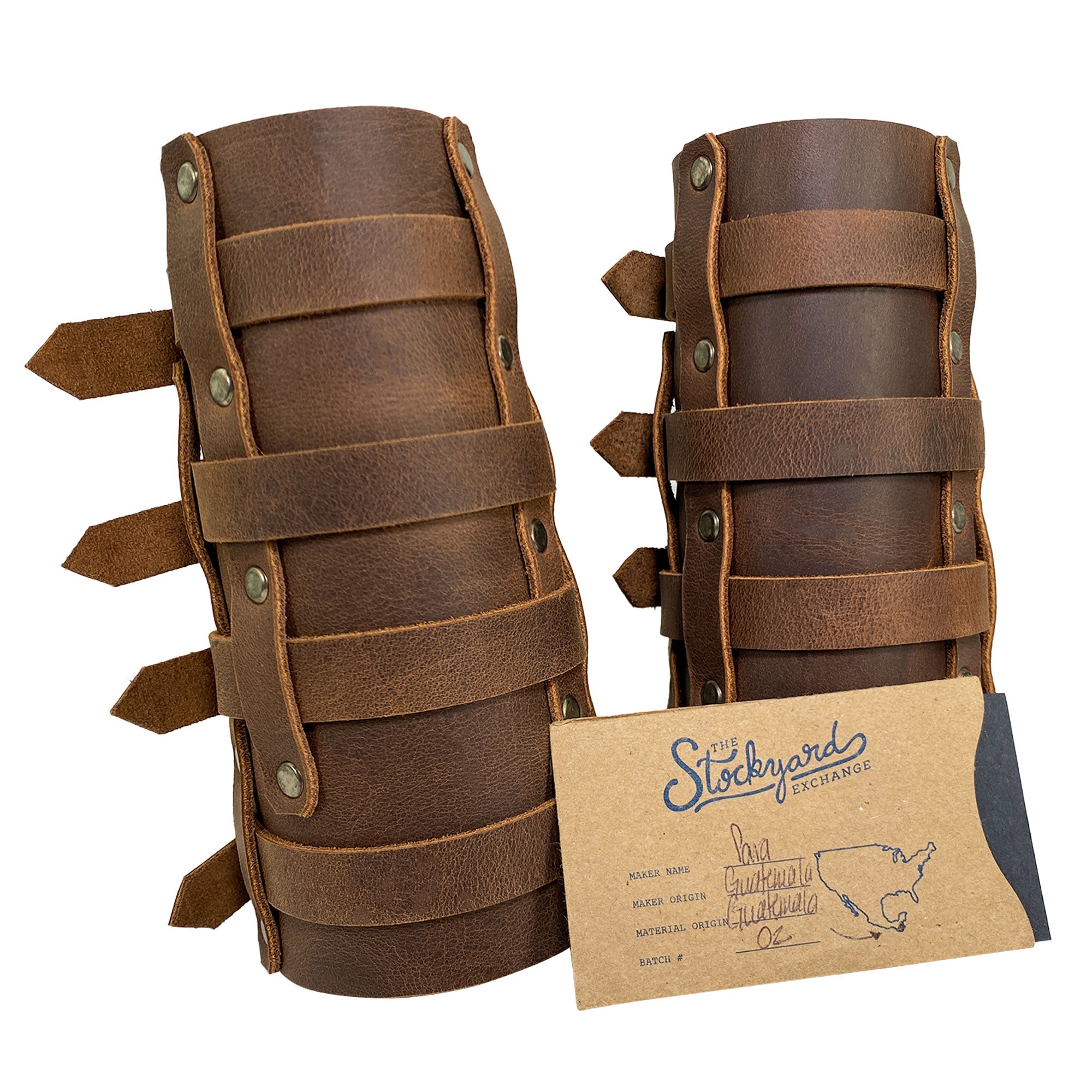 The packaging of the 4 Buckle Bracelet (2 Pack) by Valhalla Gear, showcasing the unique craftsmanship and artisan quality. Each set of Viking-style wrist guards is made from full grain leather, embodying the spirit of small batch production by StockyardX from La Antigua Guatemala & Oaxaca Mexico.