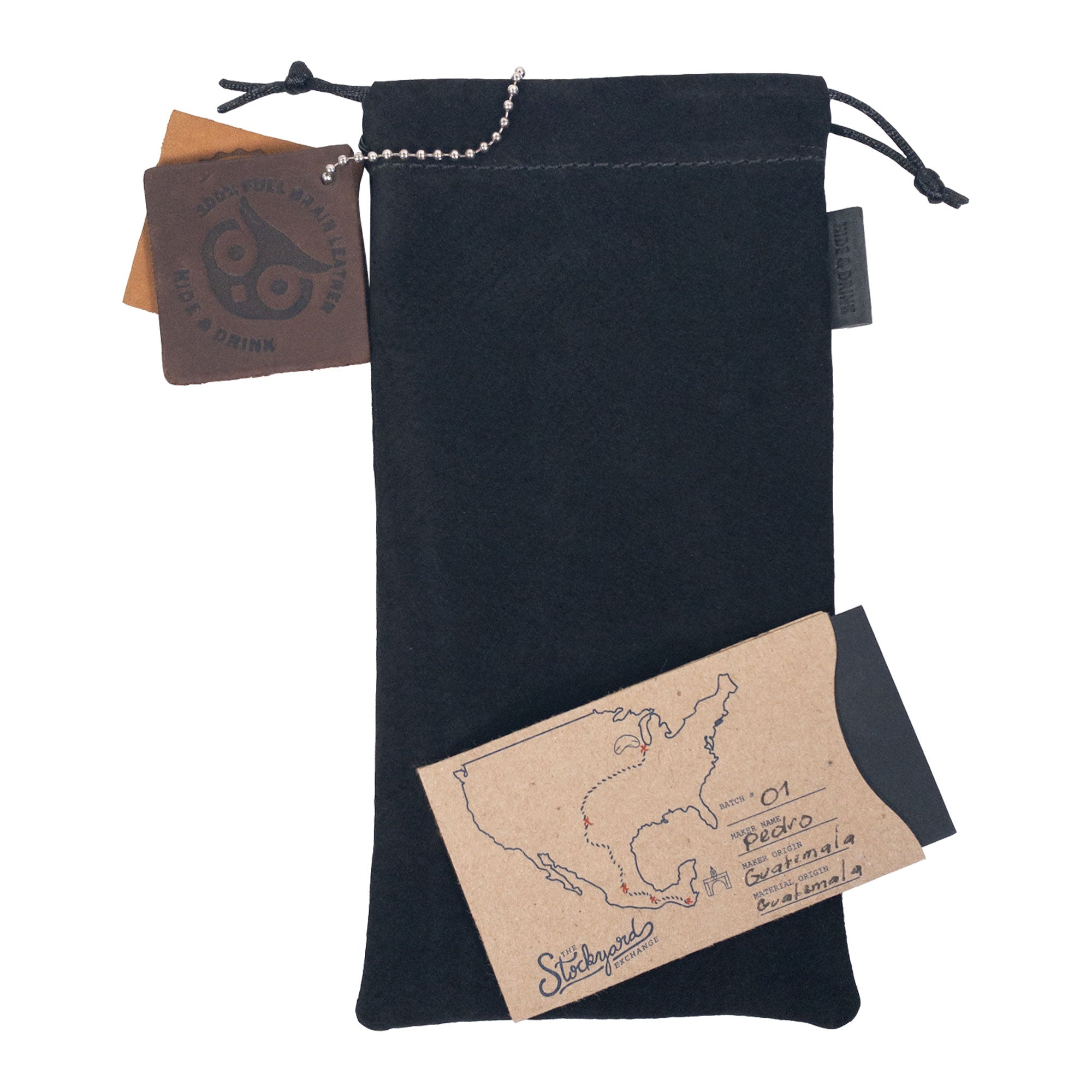 Hide & Drink Drawstring Bag for Pipe, expertly made from sheepskin leather. This artisan bag is great for travel and highlights the quality craftsmanship from La Antigua Guatemala & Oaxaca.