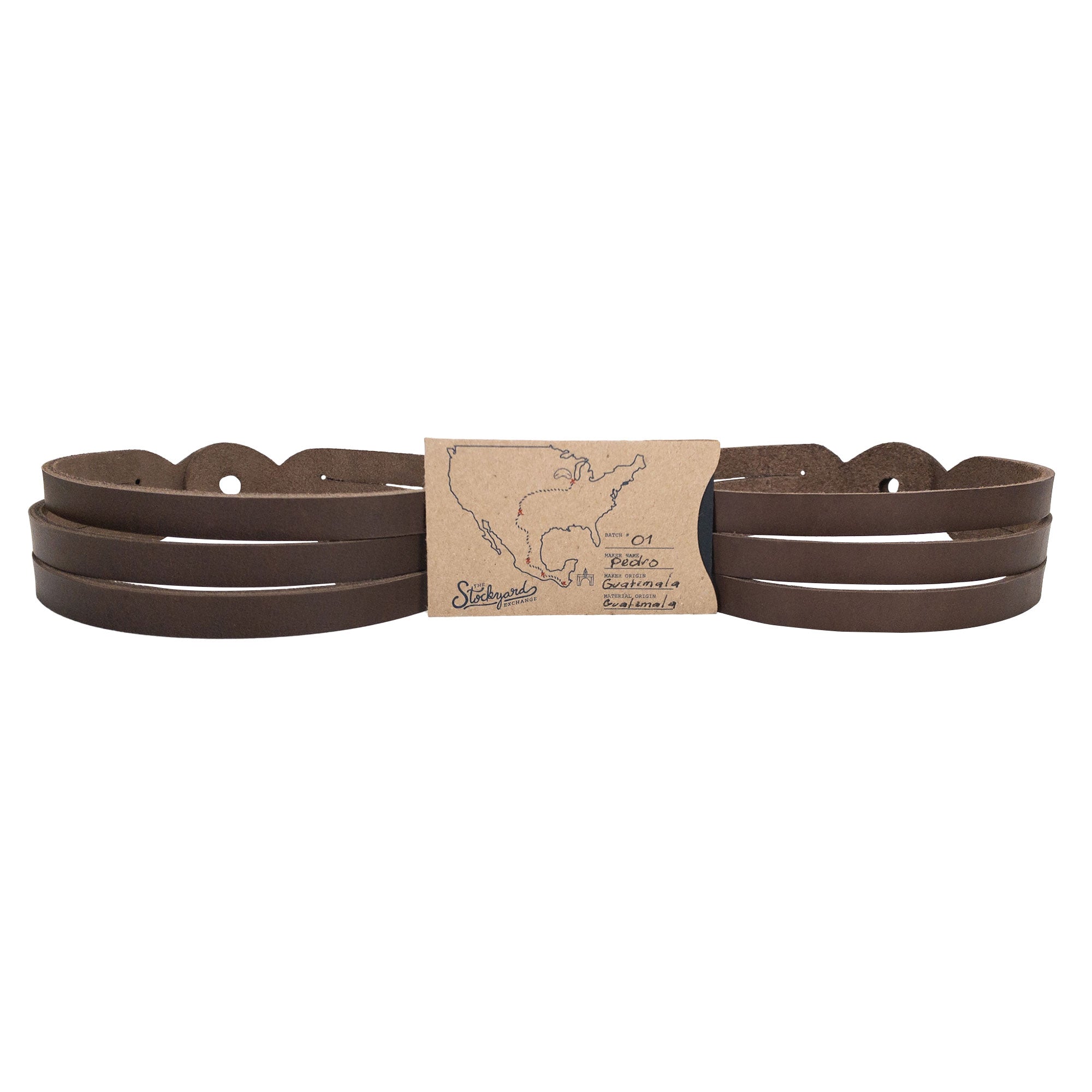 Eye-catching brown Curtain Tie Back (2 Pack) displayed with packaging, handmade from thick full grain leather by Leather At Home. These artisanal products showcase unique designs and the skilled craftsmanship from La Antigua Guatemala & Oaxaca Mexico.