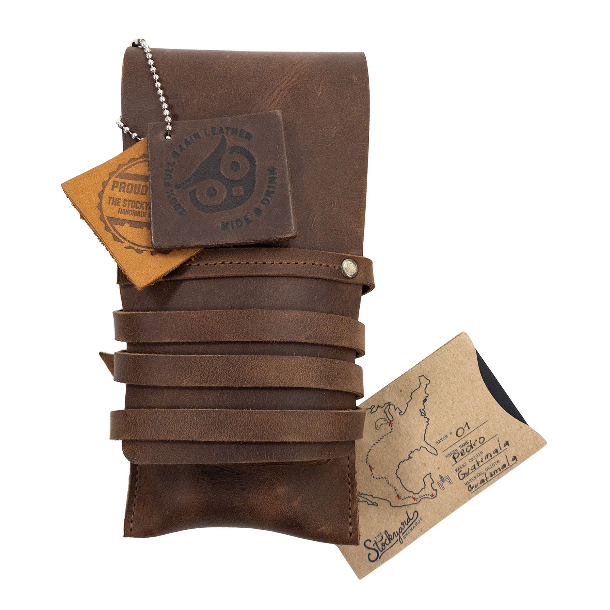 Double Cigar Holder with tags, crafted by Hide & Drink from Full Grain Leather. This stylish holder stands out as part of StockyardX’s Small Batch Production, showcasing perfection with its hand cut, hand sewn, and fire branded elements. An artisan piece made with love in La Antigua Guatemala & Oaxaca Mexico.