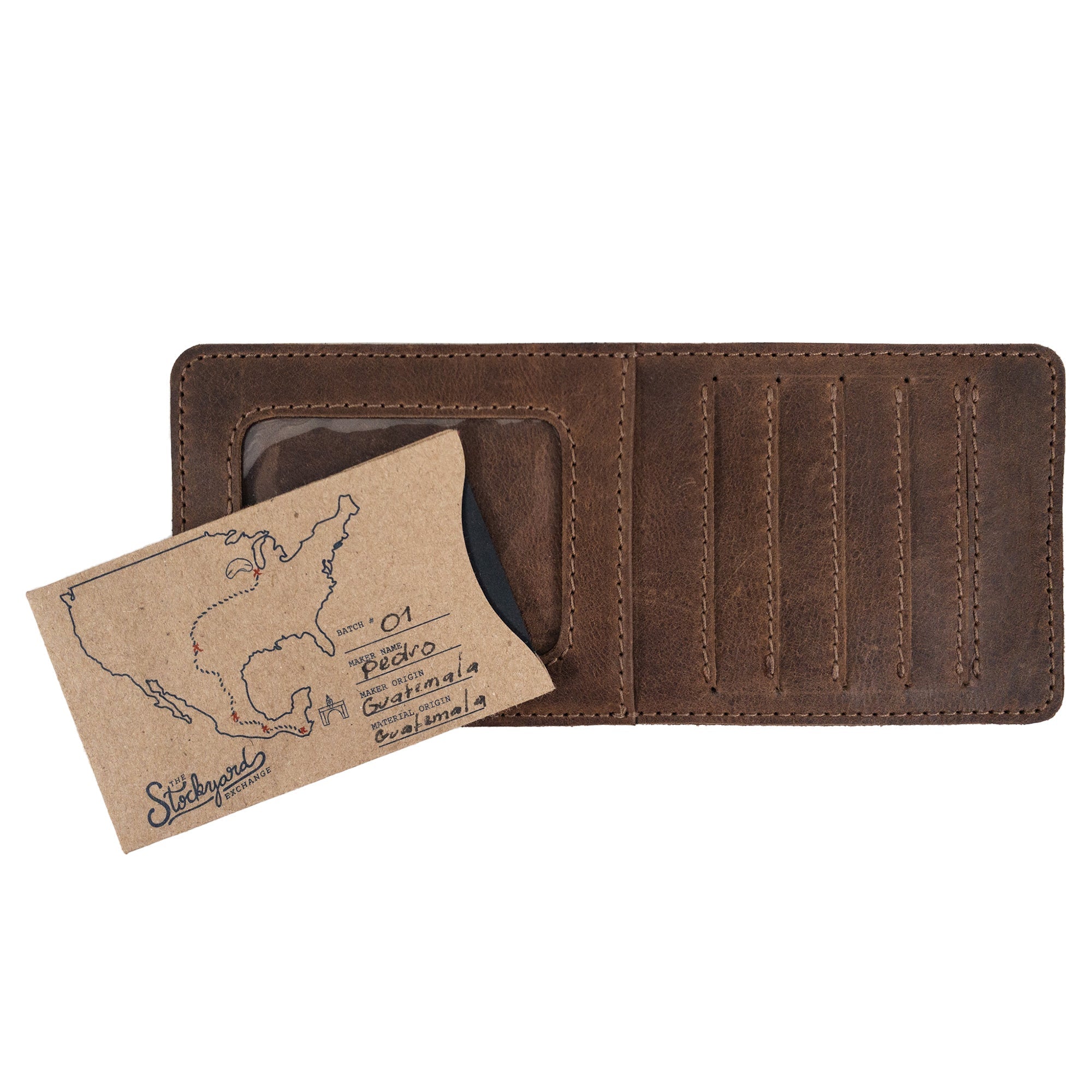 Heather's Vertical Cards & ID Organizer displaying an included card, emphasizing the functional design and remarkable craftsmanship with Full Grain Leather by StockyardX artisans in La Antigua Guatemala.