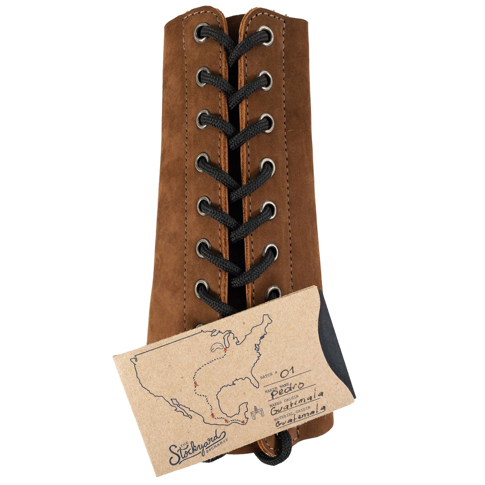 The Blacksmith Forearm Protector by Toolshed Hide with packaging, indicating its artisanal roots and quality. Made of full grain leather, this rustic bracer serves as perfect protection in heat-intensive environments and reflects the dedication to small batch production.
