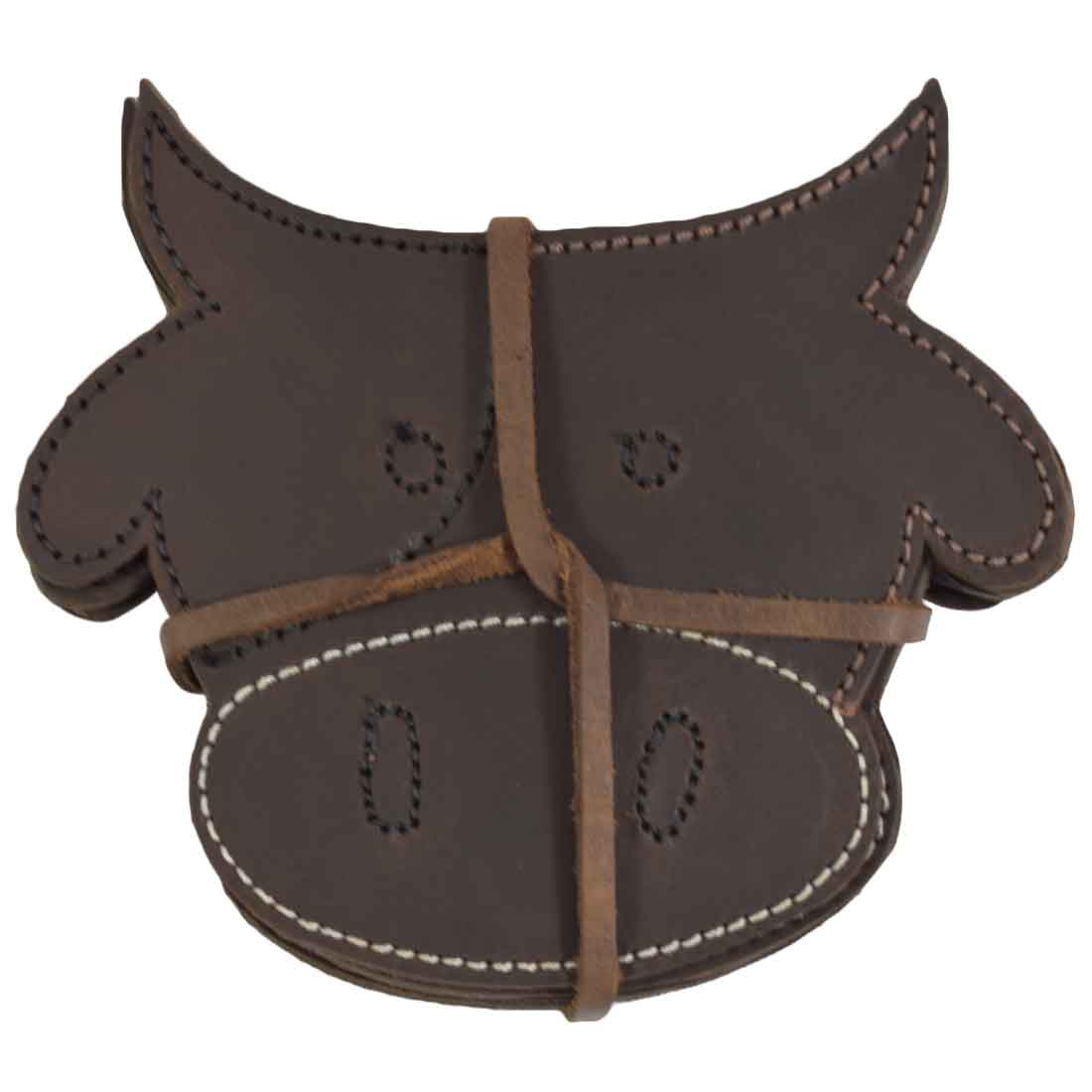 The Milk Cow Coaster Set (6-Pack) by Hide & Drink bundled together, featuring a cow-shaped coaster secured with a leather strap. This beautiful, durable leather set is ideal for any farmhouse theme. Durable Thick Leather Milk Cow/Animal Farm Cute Shaped Coasters (6-Pack) Full Grain Leather, StockyardX, Small Batch Production, Hand Cut, Hand Sewn, Fire Branded, Artisan, Handmade in La Antigua Guatemala & Oaxaca Mexico.