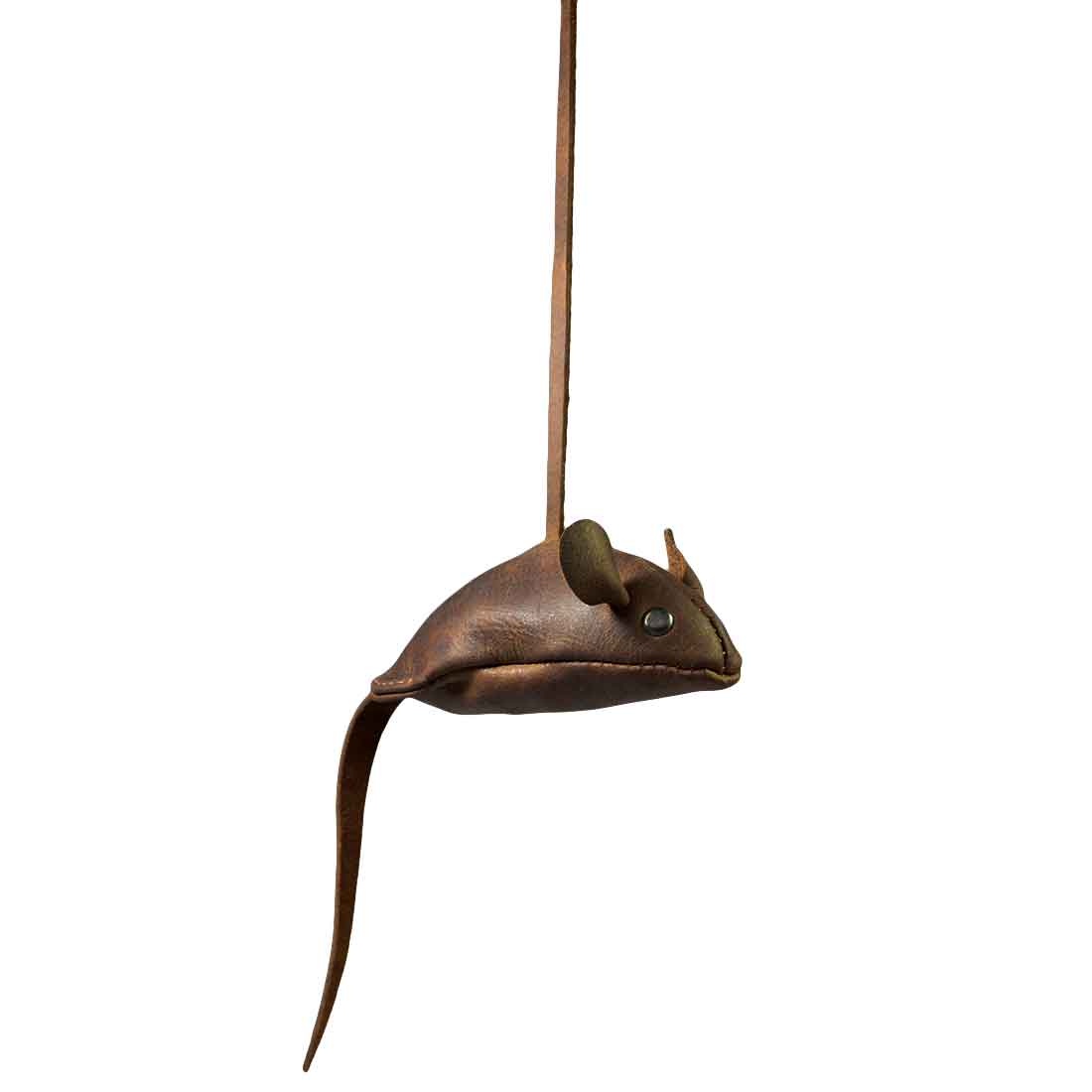 Hide & Drink's Cat Toy hanging as a playful furry mouse, inviting your cat to interact. This handmade Cat Teaser is crafted from durable full grain leather, perfect for your furry friend to enjoy. Artisan-made in La Antigua Guatemala, this Cats Exerciser Toy highlights the beauty of small batch production with its unique craftsmanship and fire branded details.