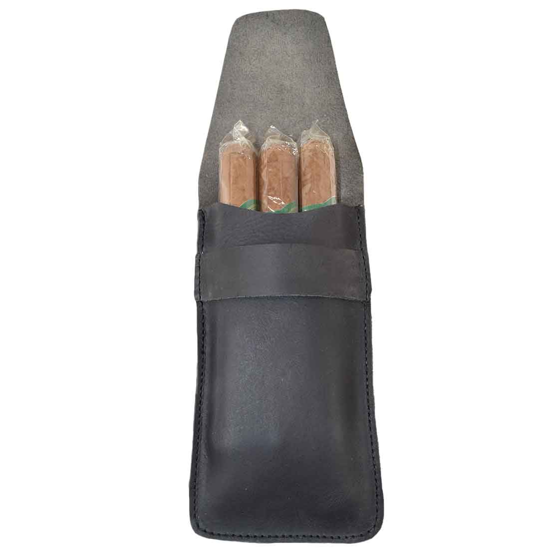 Hide & Drink Cigar Holder displaying three cigars in a slim, full grain leather case. This classic all-purpose holder is perfect for those seeking a rustic portable bag, handmade by artisans in La Antigua Guatemala with a commitment to small batch quality and hand sewn techniques.