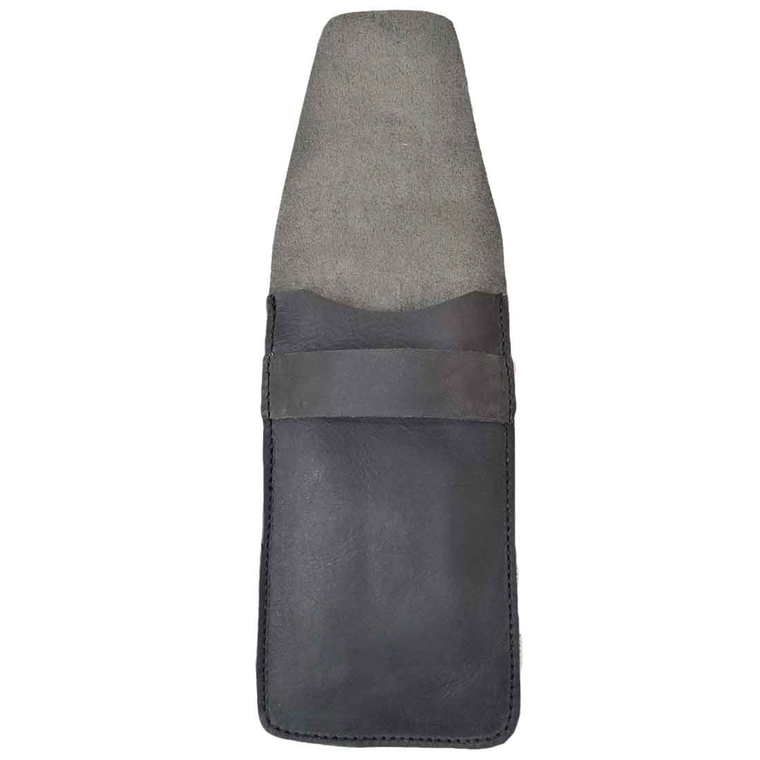 Hide & Drink Cigar Holder size comparison displayed with a mounted cigar. This classic slim case for three 50 ring cigars is crafted from full grain leather in a rustic style, showcasing artisan craftsmanship with hand cut and hand sewn details from La Antigua Guatemala.