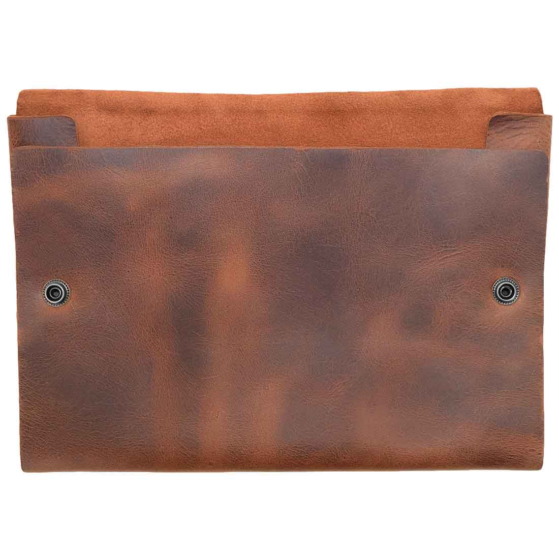 Back view of Hide & Drink's Multipurpose Portfolio, showcasing its durable Full Grain Leather design, ideal for travel or daily use as a tablet and phone case, field note, and accessory organizer. Handmade in La Antigua Guatemala & Oaxaca Mexico.