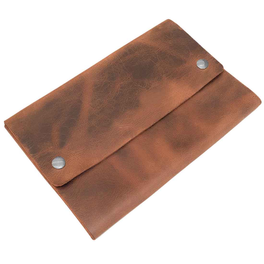 Hide & Drink's Multipurpose Portfolio with a flap open, emphasizing its handmade quality and Full Grain Leather construction, perfect for organizing tablets, phones, field notes, and wallets. Artisan crafted in La Antigua Guatemala & Oaxaca Mexico.