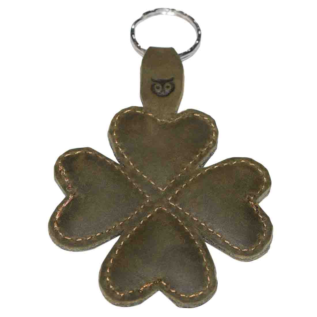 Another view of the St. Patrick's - Lucky Clover Keychain by Hide & Drink, highlighting the rustic clover shape. This lucky clover keyring is made from full grain leather, emphasizing artisan craftsmanship and small batch production methods from La Antigua Guatemala and Oaxaca Mexico.