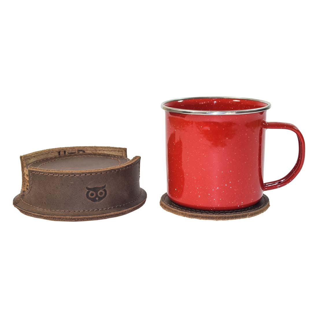Thick Leather Coasters (6-Pack) by Hide & Drink displayed alongside a red enamel mug, emphasizing the functionality of these circular coasters made from durable full grain leather. Showcasing artisan craftsmanship, these coasters are part of small batch production, hand cut, hand sewn, and fire branded, lovingly made in La Antigua Guatemala.