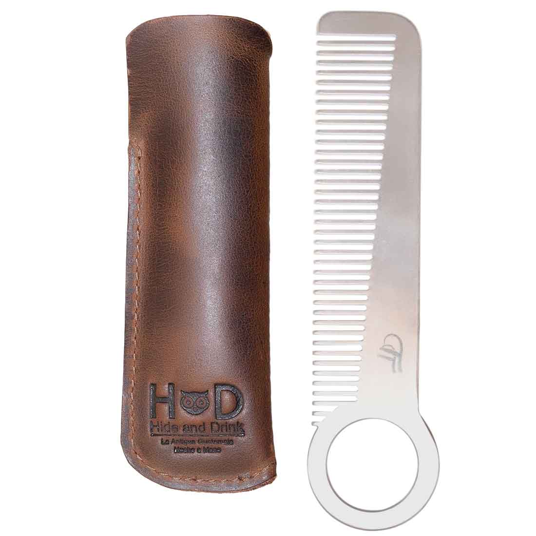 Hide & Drink Comb Case displaying both the leather sleeve and comb, intended for stylish personal care. This rustic protector holster is crafted from full grain leather, representing small batch production and artisan dedication. Handmade in La Antigua Guatemala & Oaxaca Mexico.