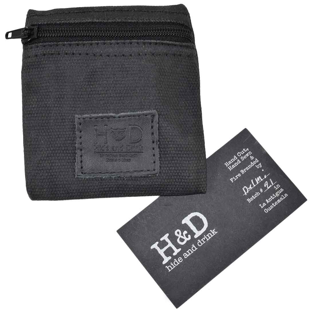 Hide & Drink Condom Pouch emphasizing the sturdy design, crafted from water resistant waxed canvas. A practical choice for valuables, making it a great classic partner gift for travel. Handmade in La Antigua Guatemala showcases artisan quality and dedication.
