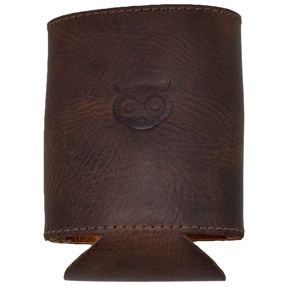 Classic Coolie Beer Sleeve by Hide & Drink, featuring a fire branded owl design. Made from fine Full Grain Leather, this handmade sleeve highlights artisan quality with small batch production. Perfect for keeping your beverages cool.