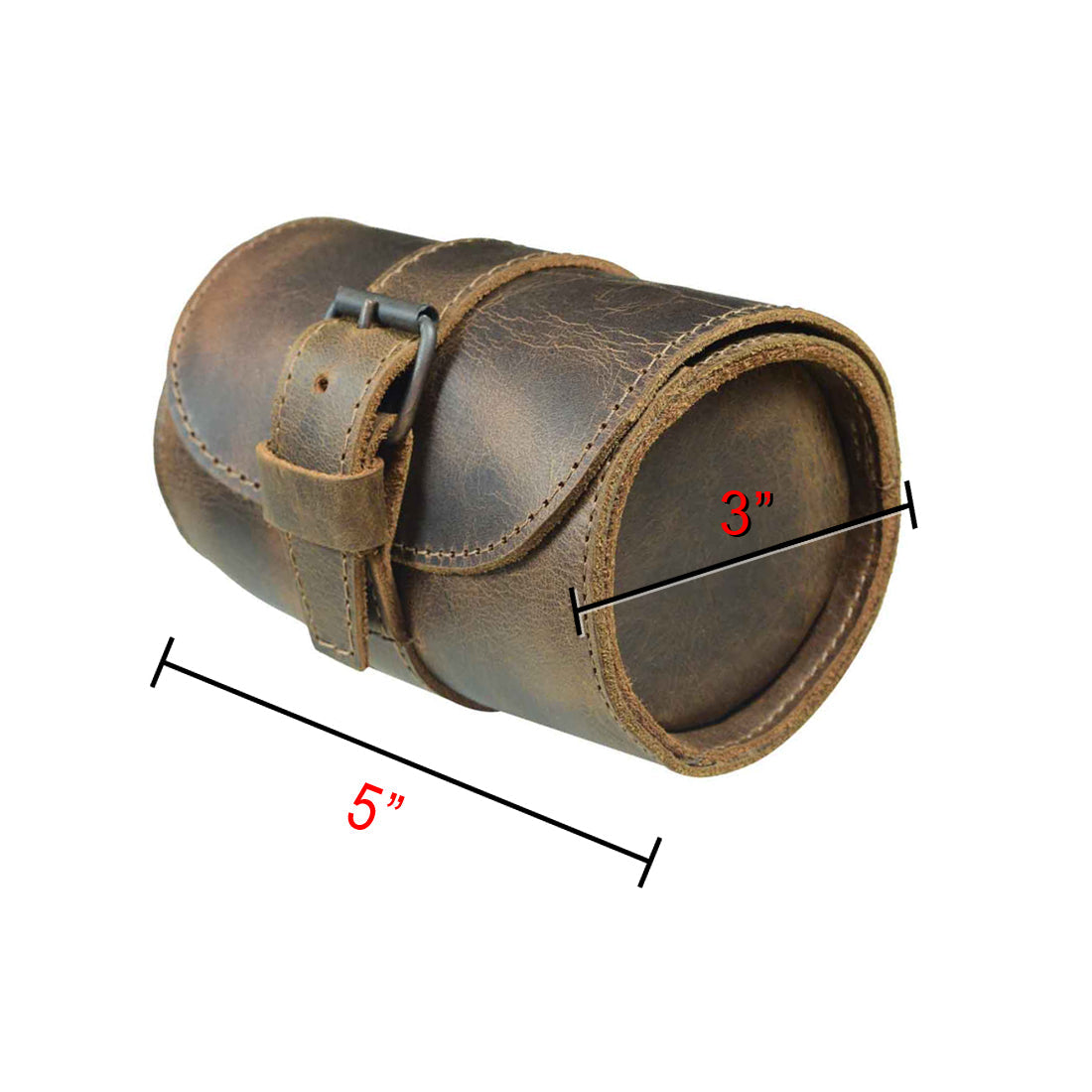 Dimensions of the Hide & Drink Single Watch Case displayed, indicating its compact size. This Cylinder Watch Case with Cushion is a practical jewelry organizer and travel companion, made of resilient Full Grain Leather. Artisan-crafted in La Antigua Guatemala & Oaxaca Mexico, showcasing the commitment to hand cut, hand sewn quality in every detail.