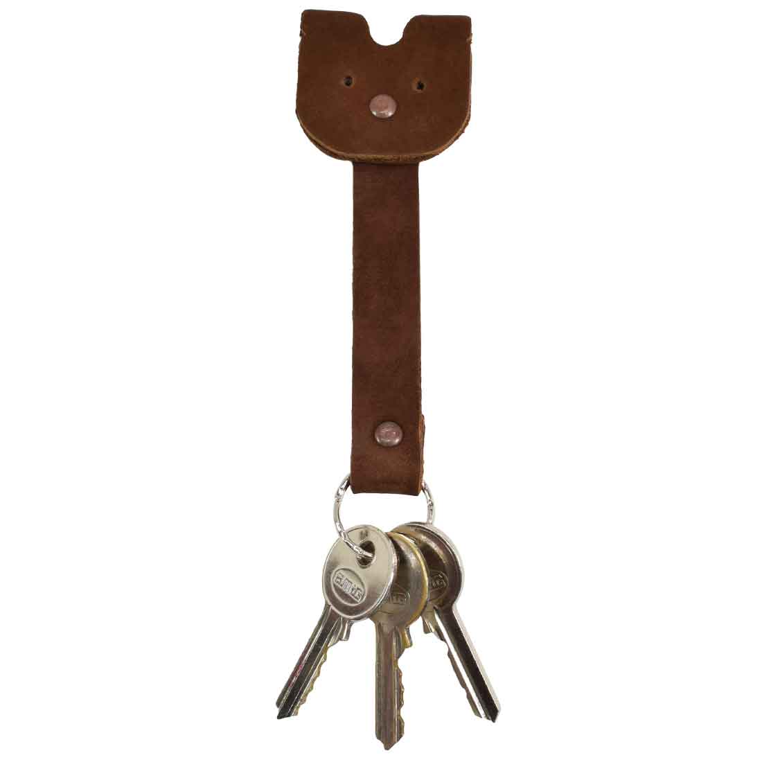 Doggy Fob by Hide & Drink displaying the brown Full Grain Leather Critter Keychain with keys attached, perfect for everyday convenience for dog enthusiasts. Critter Keychain Dog Key Ring Pet Fob, Full Grain Leather, StockyardX, Small Batch Production, Hand Cut, Hand Sewn, Fire Branded, Artisan, Handmade in La Antigua Guatemala & Oaxaca Mexico.