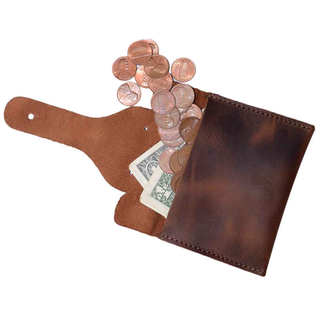 Open Elephant Coin Pouch by Hide & Drink, revealing coins and folded bills, beautifully handmade from full grain leather for a unique patina over time. Card Pouch Elephant/Coin & Folded Bills/Wallet/Cable Holder/USB/SD/Change, Full Grain Leather, StockyardX, Hand Cut, Hand Sewn, Fire Branded, Artisan, Handmade in La Antigua Guatemala & Oaxaca Mexico.
