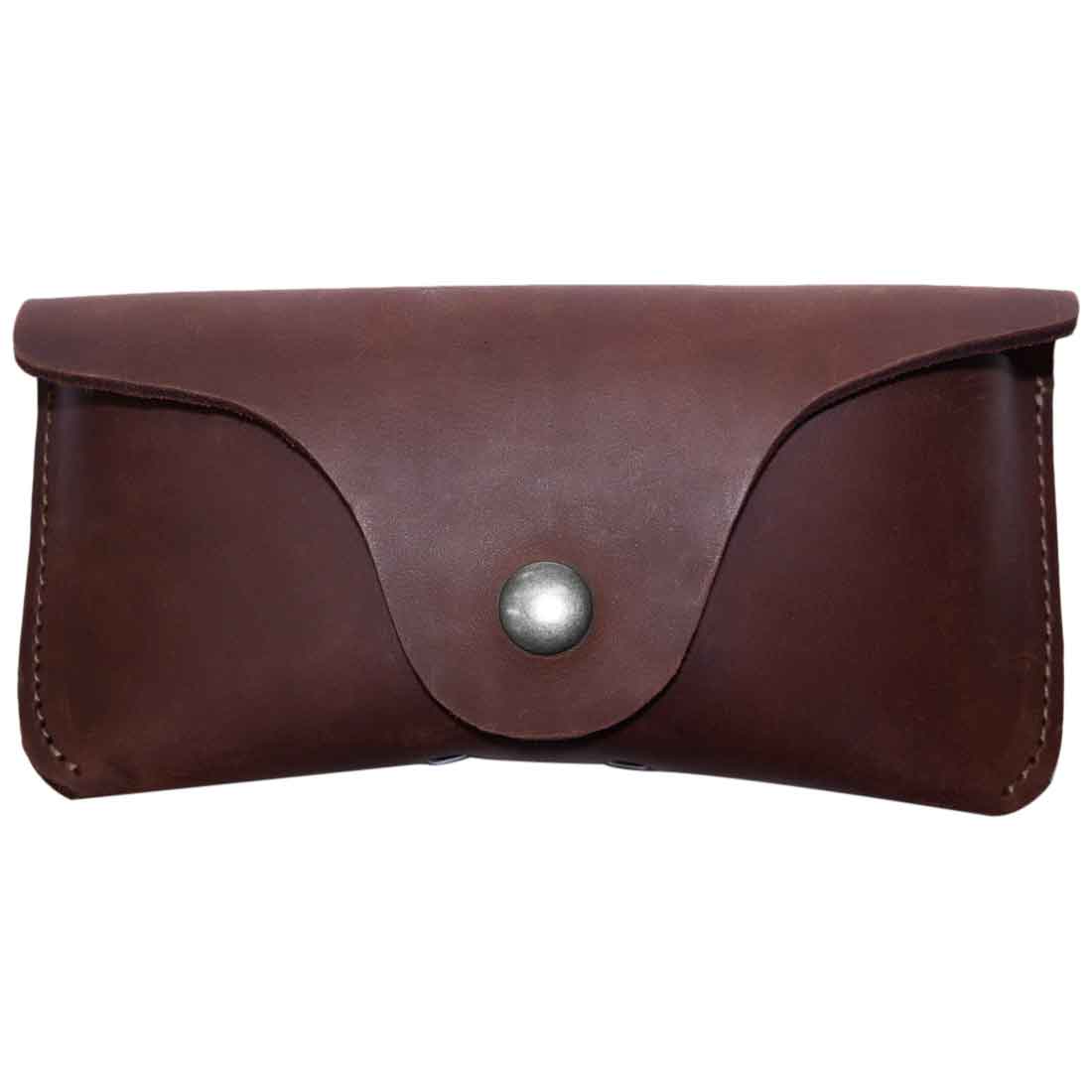 Front view of the Thick Eyeglasses Case by Hide & Drink, designed for stylish protection of 6-inch long glasses. This Thick Sturdy Leather Eyeglasses Case serves as an ideal eyewear-sunglasses protector, crafted from full grain leather in small batch production by artisans in La Antigua Guatemala & Oaxaca Mexico.