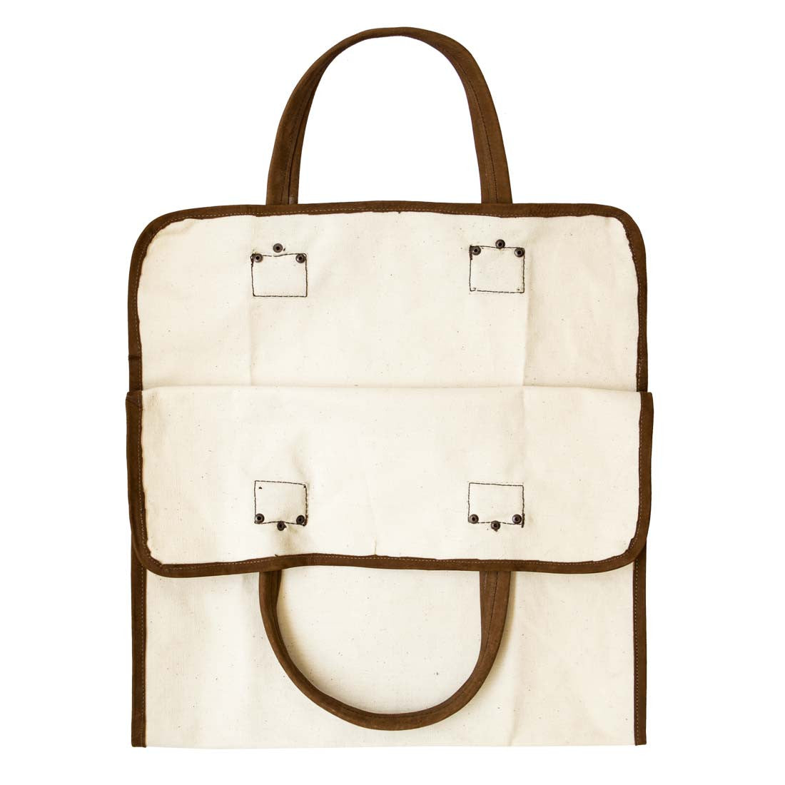 Hide & Drink Firewood Bag displayed flat with a focus on its quality stitching and leather details, showcasing the handmade artistry. Firewood Bag With Leather Liner, Full Grain Leather, StockyardX, Small Batch Production, Hand Cut, Hand Sewn, Fire Branded, Artisan, Handmade in La Antigua Guatemala & Oaxaca Mexico.