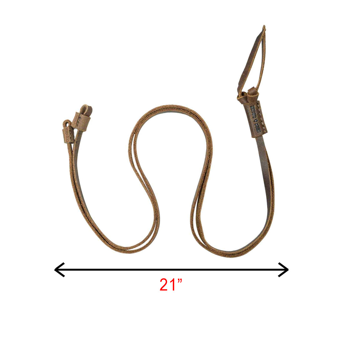 Showcasing the dimensions of a Hide & Drink glasses strap, this image emphasizes the 21-inch length of the Adjustable Eyeglasses Strap. Crafted from Full Grain Leather, this glasses cord reflects the quality of handmade accessories produced in small batches by artisans in La Antigua Guatemala & Oaxaca Mexico.