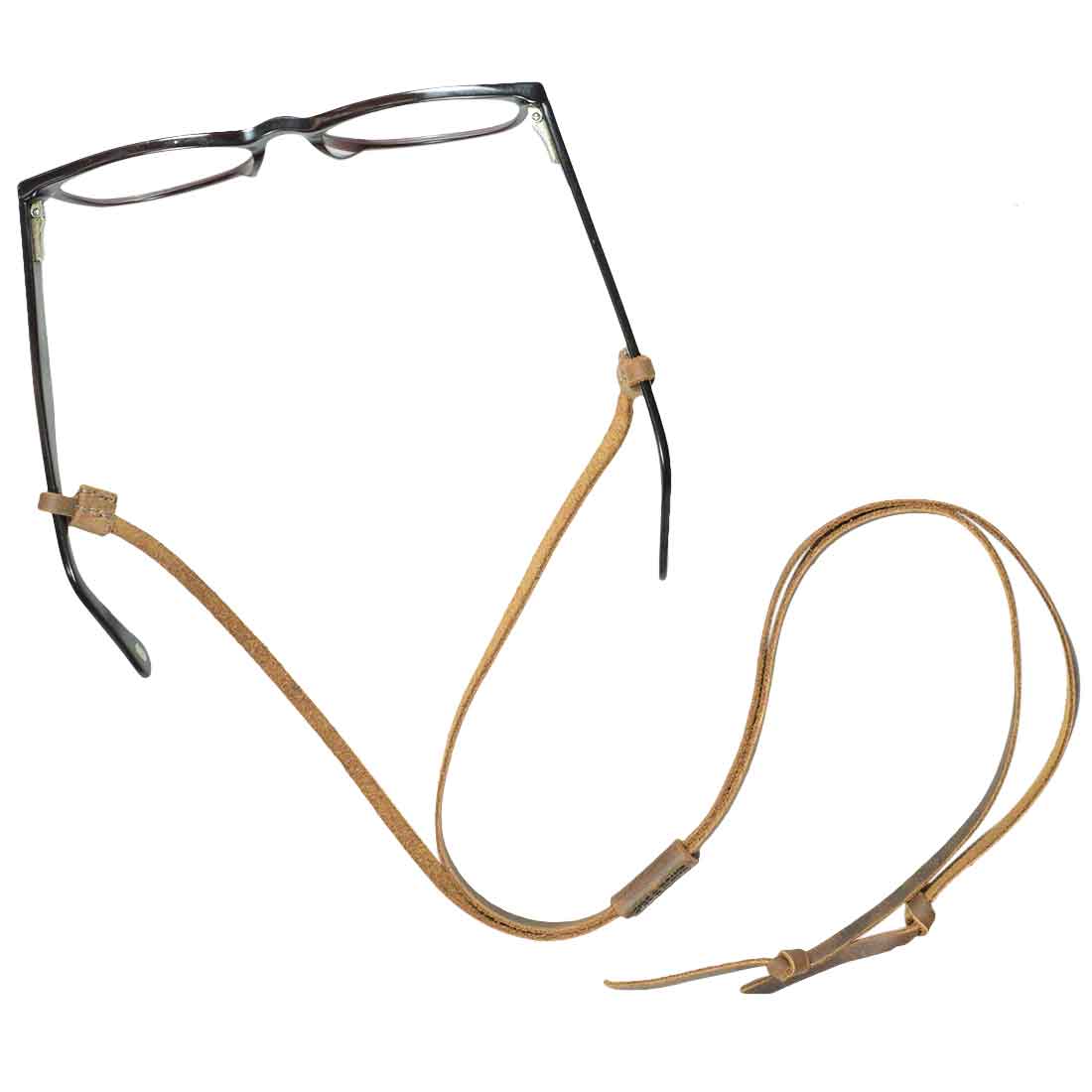 Pair of glasses displayed with a Hide & Drink glasses strap, highlighting the Adjustable Eyeglasses Strap's functional design. Made from premium Full Grain Leather, this unique glasses cord is a handmade accessory from artisan crafters in La Antigua Guatemala & Oaxaca Mexico, perfect for everyday use.
