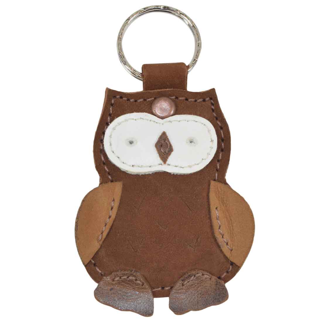Close-up of the owl Critter Key Chain from Hide & Drink, showcasing its detailed craftsmanship. This cute Animal Key Ring Holder is made from quality Full Grain Leather, ideal for organizing keys with a touch of personality. Artisan made in La Antigua Guatemala & Oaxaca Mexico.