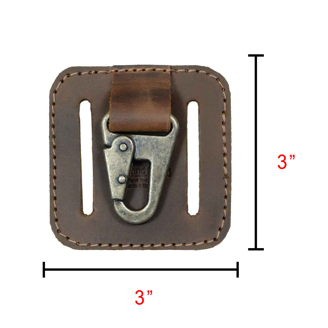 An illustrative image of the dimensions of the Belt Key Holder by Hide & Drink, measuring 3 inches by 3 inches. This vintage keychain organizer, made from quality full grain leather, showcases the importance of small batch production and expert craftsmanship from La Antigua Guatemala & Oaxaca Mexico.
