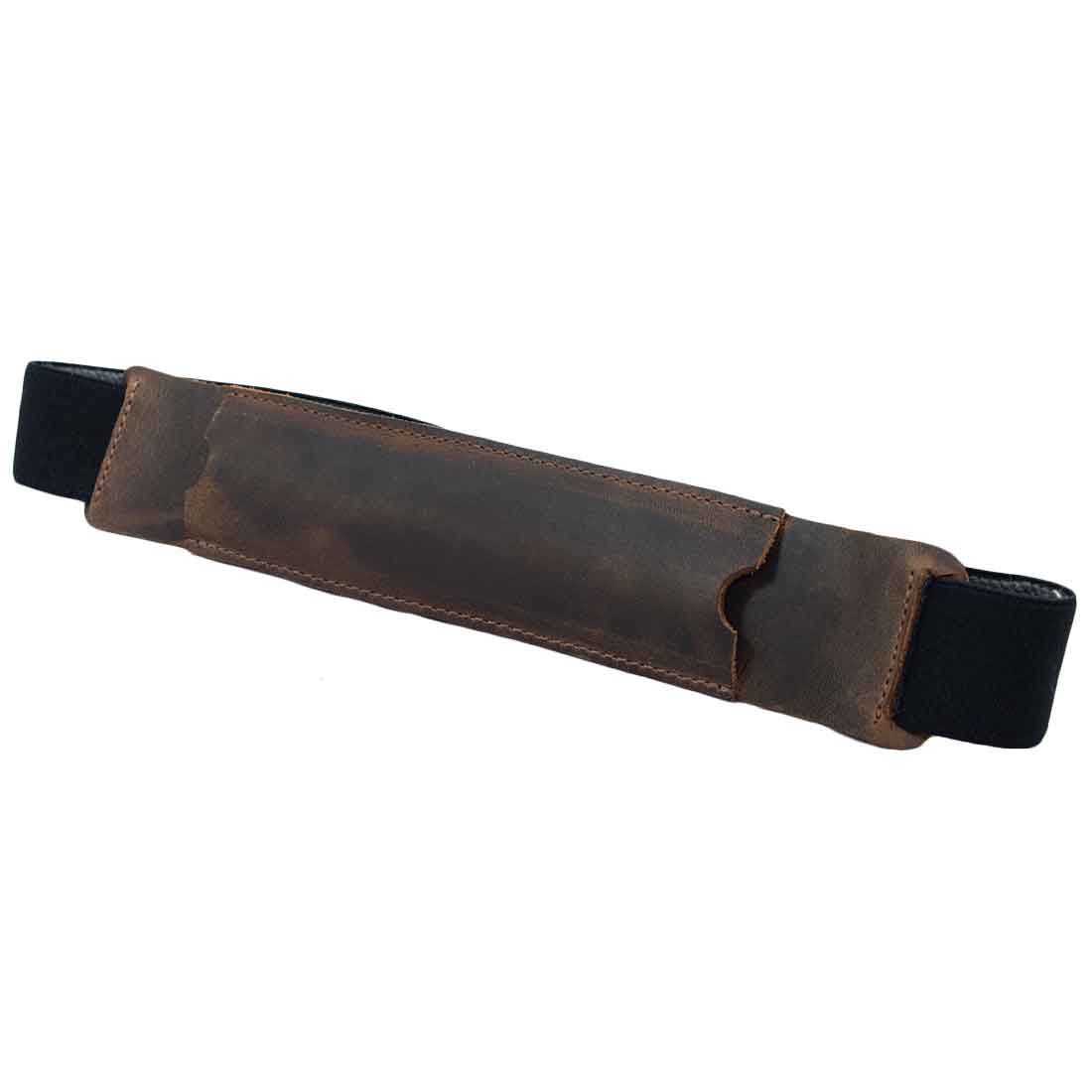 Hide & Drink Pen Holster showcasing a rustic brown leather exterior. With a sleek pen sleeve for 6 to 7 inch tall notebooks, this pen pouch is handcrafted in La Antigua Guatemala & Oaxaca Mexico, epitomizing quality and durability.