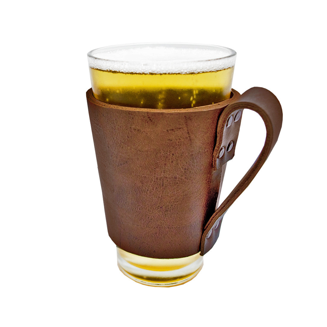 Display of the Pint Sleeve with Handle by Hide & Drink, featuring a refreshing drink. This handcrafted sleeve is made from Full Grain Leather, showcasing the artisan's skill in Small Batch Production, mixing functionality with style in your pub or bar.