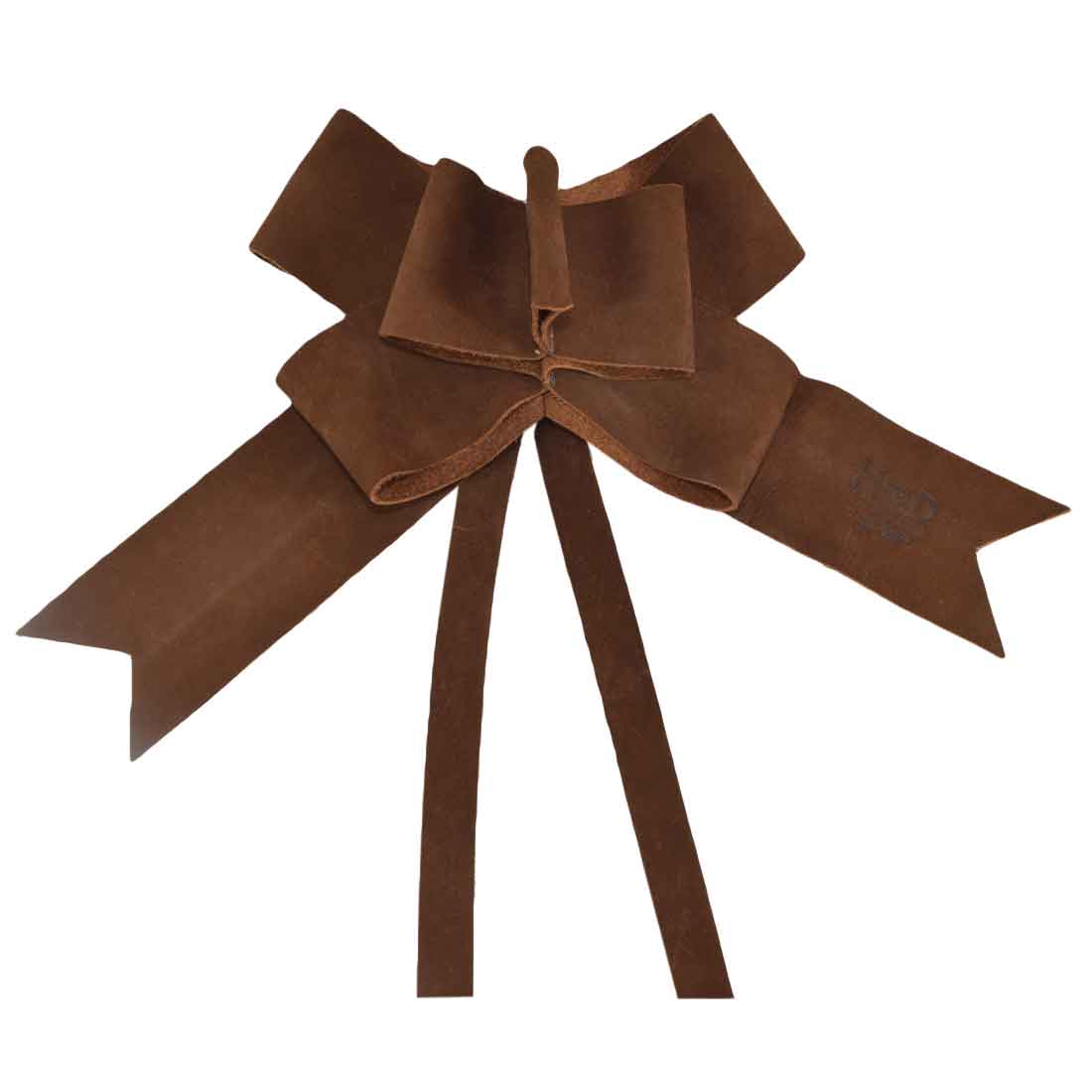 Rustic Vintage-style Ribbon Decor by Hide & Drink featuring a unique Bow Wrap for Christmas in attractive Suede Leather. Perfect for gift wrapping, this artisanal piece highlights qualities like Full Grain Leather, small batch production, hand cut and hand sewn craftsmanship, made in La Antigua Guatemala and Oaxaca Mexico.