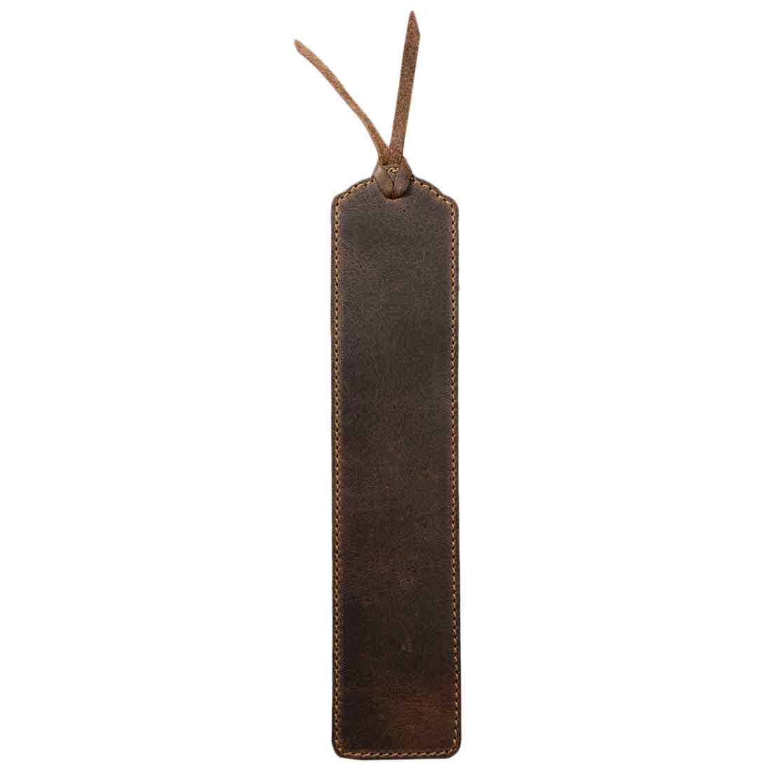 Deluxe Long Bookmark (2 Pack) from Hide & Drink, showcasing a dark leather bookmark. This practical and stylish reversible page marker serves as a classic accessory for books or journals, made from full grain leather, highlighting stockyardX, small batch production, hand cut, hand sewn, fire branded, artisan details, handmade in La Antigua Guatemala & Oaxaca Mexico.