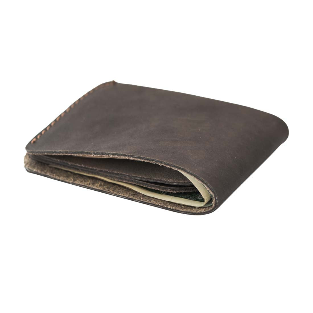 Open view of the Hide & Drink Minimal Wallet revealing space for cards and money, created from durable Full Grain Leather. This Classic Slimfold Wallet doubles as a Card Organizer Holder and essential Travel Accessory, reflecting the craftsmanship from Small Batch Production by artisans in La Antigua Guatemala & Oaxaca Mexico.