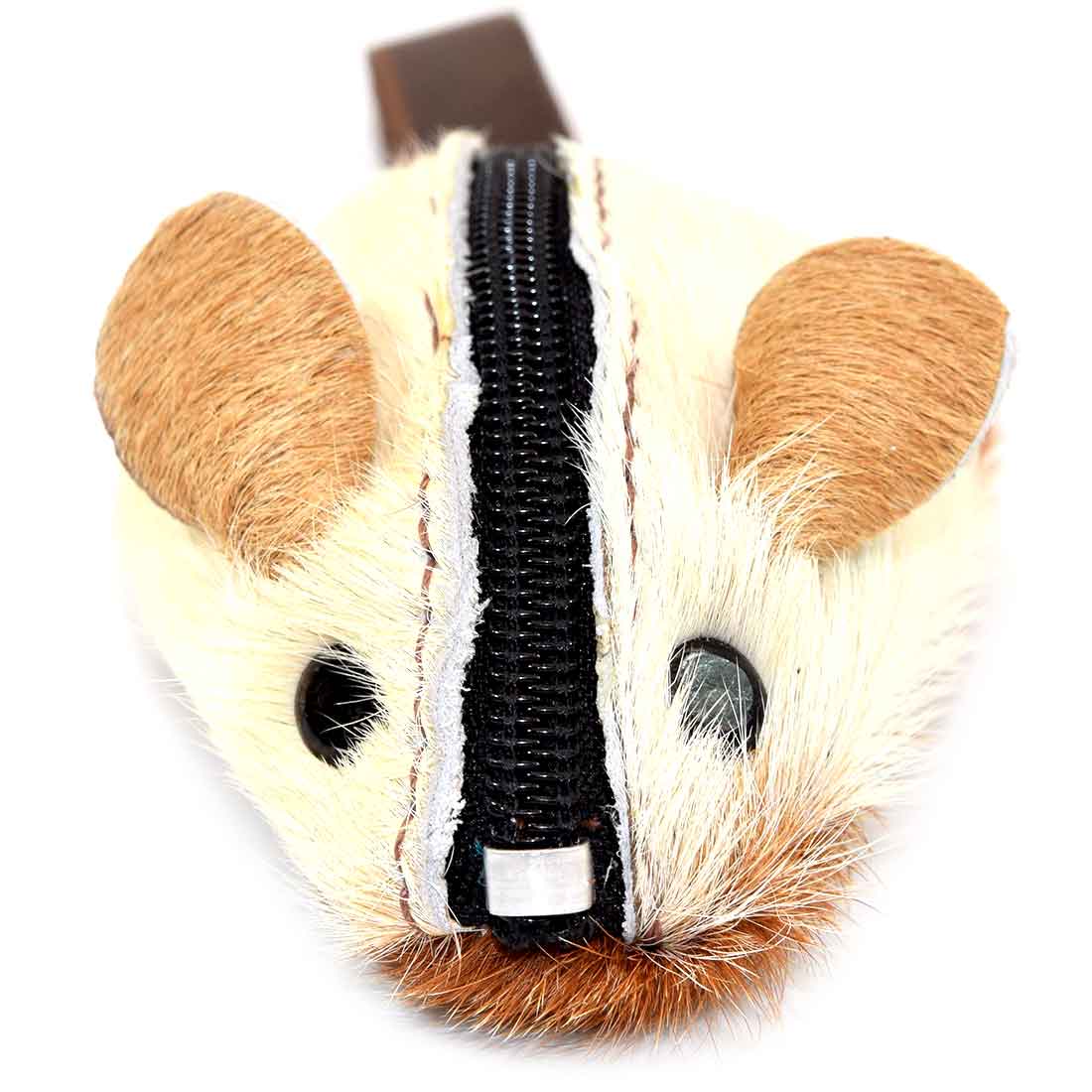 Close-up of the Hide & Drink Mouse Coin Pouch featuring soft materials and intricate design details. This mouse-shaped change pouch is an artisan-crafted travel accessory, made from full grain leather, designed to hold coins and small items securely and stylishly.