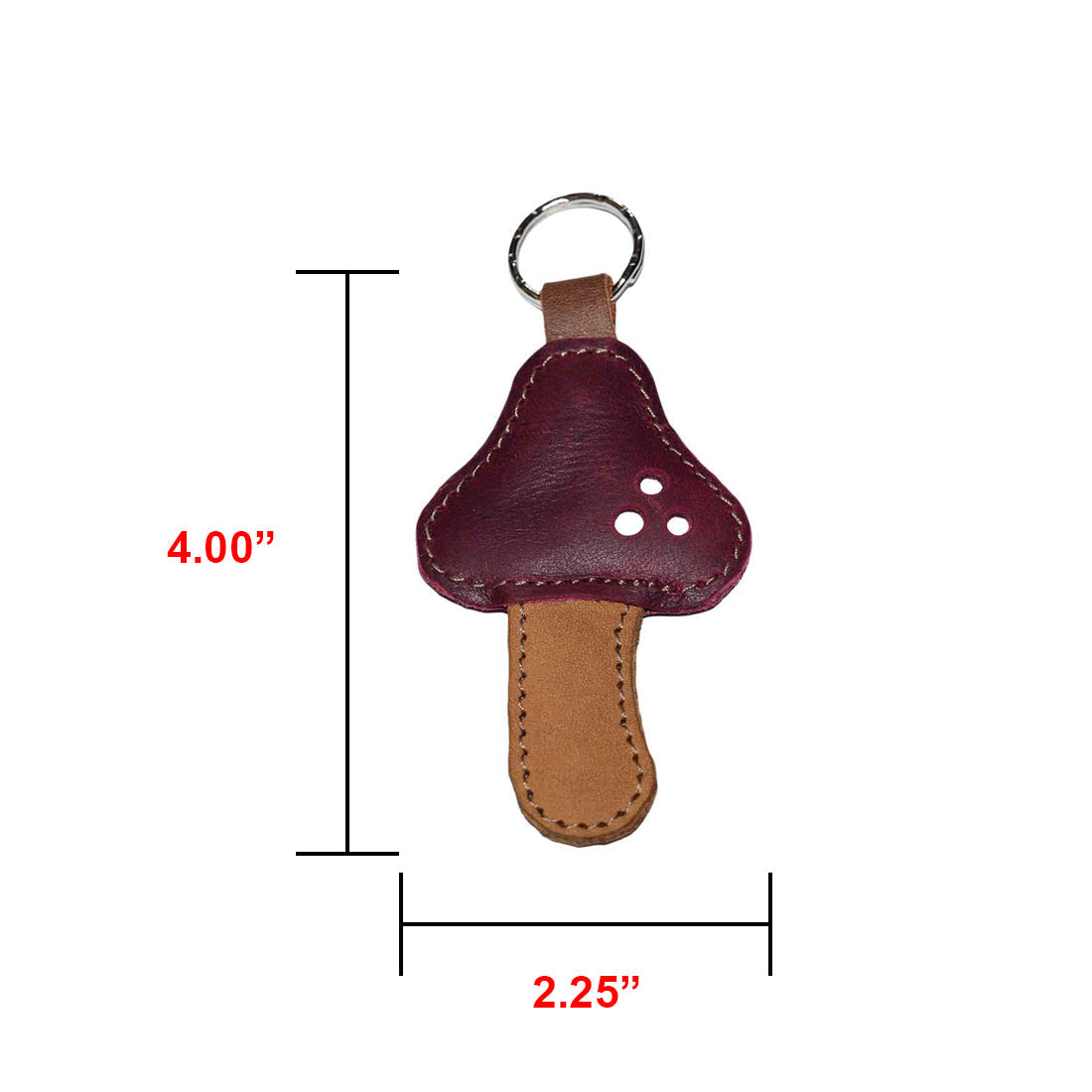 Image demonstrating the size of the Red Mushroom Keychain by Hide & Drink with clear dimensions included. Crafted from Full Grain Leather, this keychain is an accessory that embodies StockyardX's small batch production ethos. Hand cut, hand sewn, and fire branded, this artisan creation is handmade in La Antigua Guatemala & Oaxaca Mexico.