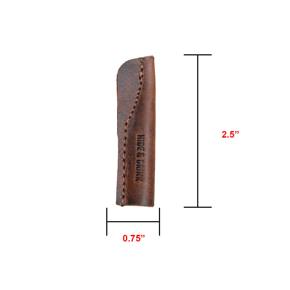 Product dimensions of Hide & Drink's Pencil Cap (6 Pack) indicated on a leather pencil cap, emphasizing its handmade quality and style. A perfect addition to your office essentials, crafted with care from full grain leather by artisans in Mexico.