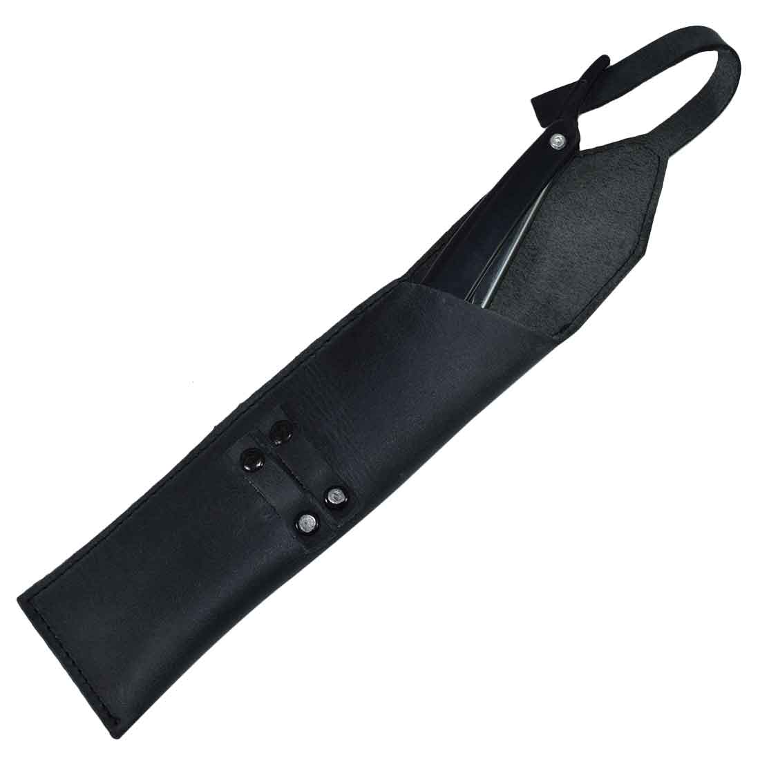 Hide & Drink Straight Razor Cover in sleek black leather, providing a sophisticated way to carry your razor. Handcrafted from Full Grain Leather, it showcases Small Batch Production, Hand Cut, Hand Sewn, and Fire Branded techniques, made by artisans in La Antigua Guatemala & Oaxaca Mexico.
