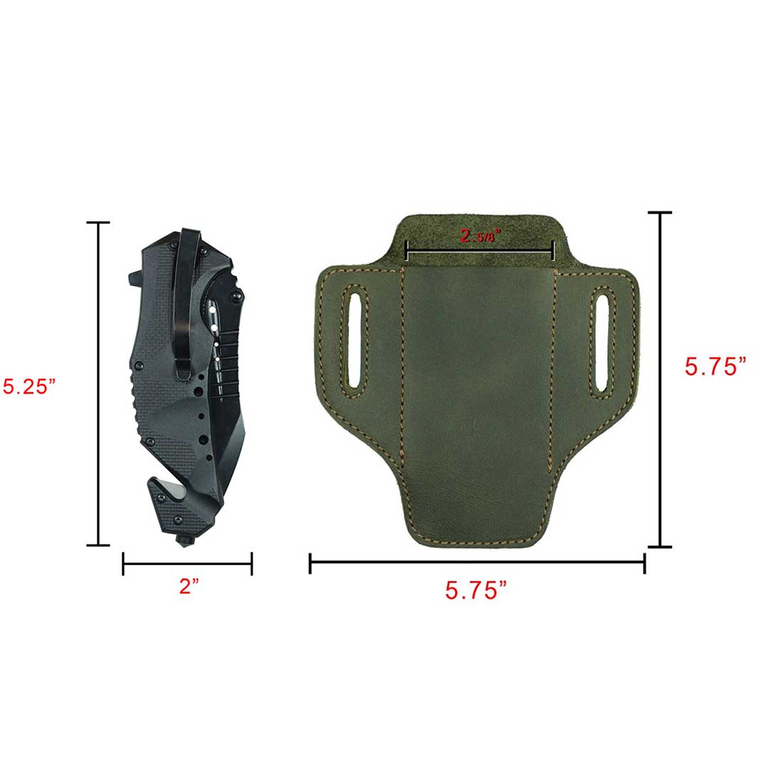 Dimensions of Hide & Drink's Tactical Knife Holster displayed alongside a knife, emphasizing its practicality in outdoor use. This Tactical Knife Leather Holster is an essential multitool holder, combining durability and style, supporting artisan production from La Antigua Guatemala & Oaxaca Mexico.