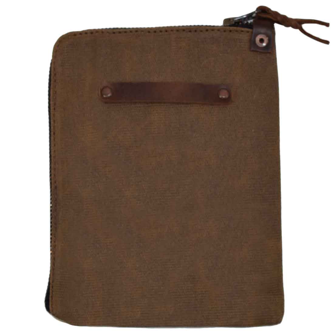 Back view of the brown Scribbler Case from Hide & Drink, crafted with Waxed Canvas. Ideal for notebooks, emphasizing small batch production, artisan quality, and hand-cut design. Handmade in La Antigua Guatemala & Oaxaca Mexico.