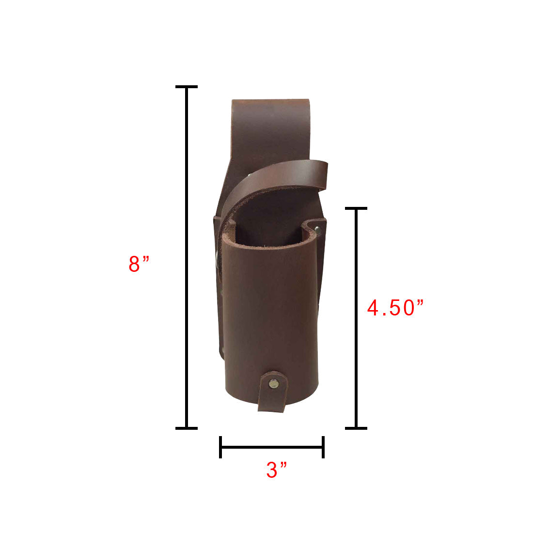 Dimensions of the Single Beer Holster by Hide & Drink, showcasing its Thick Full Grain Leather Beer Bottle Holster design, perfect for beer lovers and essential party accessories. A representation of artisan craftsmanship with small batch production, it includes hand cut, hand sewn features and is fire branded, made in La Antigua Guatemala & Oaxaca Mexico.