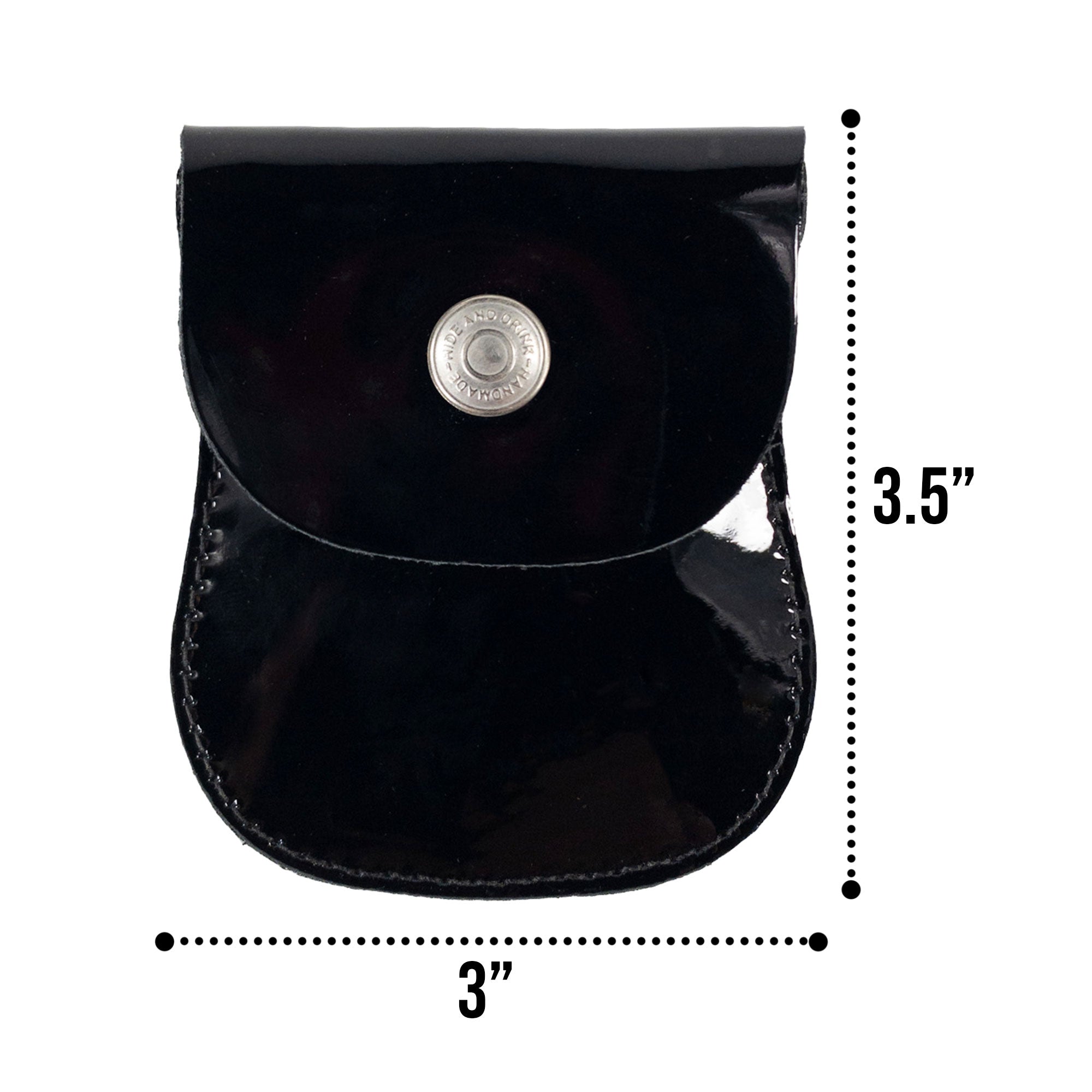 Dimensions of the black glossy Curvy Coin Pouch by Hide & Drink, showcasing its compact and practical design as an artisan accessory perfect for coins and cards.
