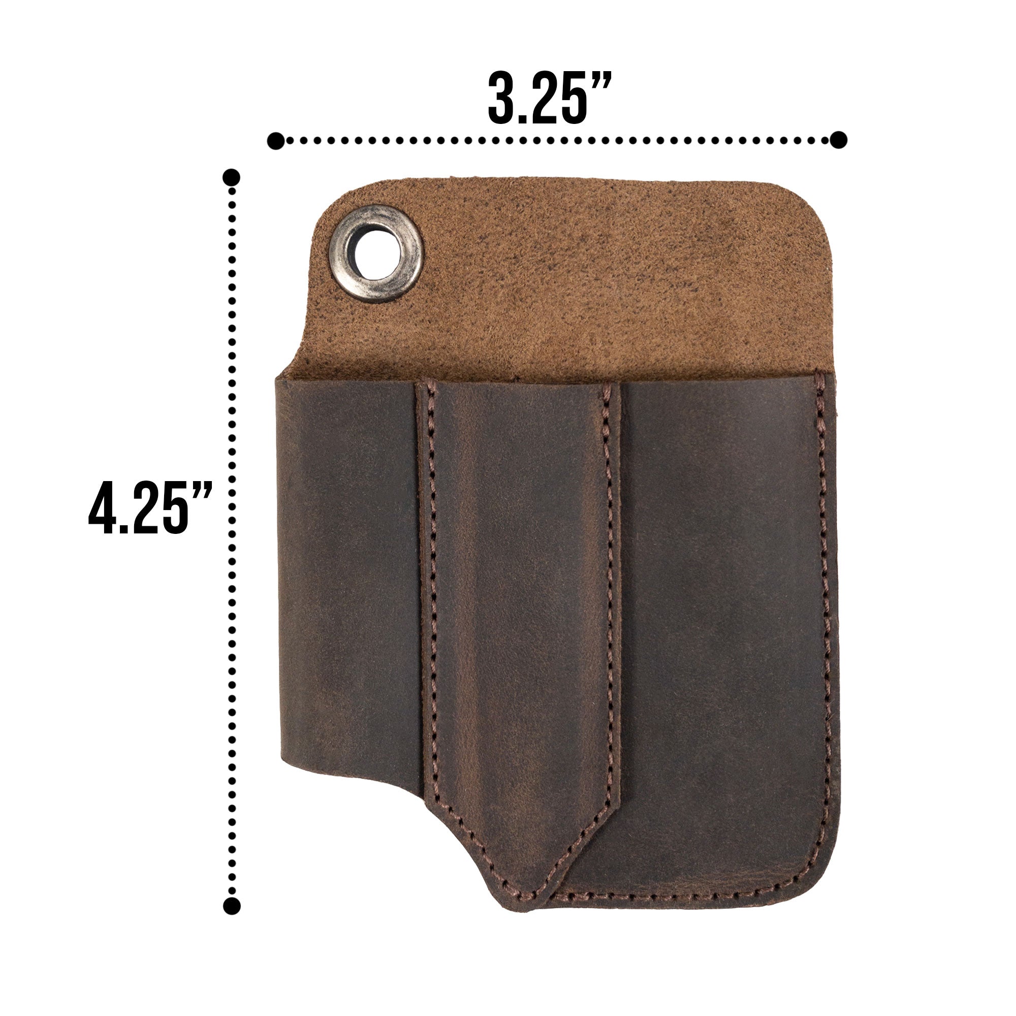 Dimensions of the Compact EDC Tool Holster by Valhalla Gear displayed with measurement details. This hand-crafted full grain leather pocket case is a prime example of a rustic sleeve for tools, reflecting both style and function.
