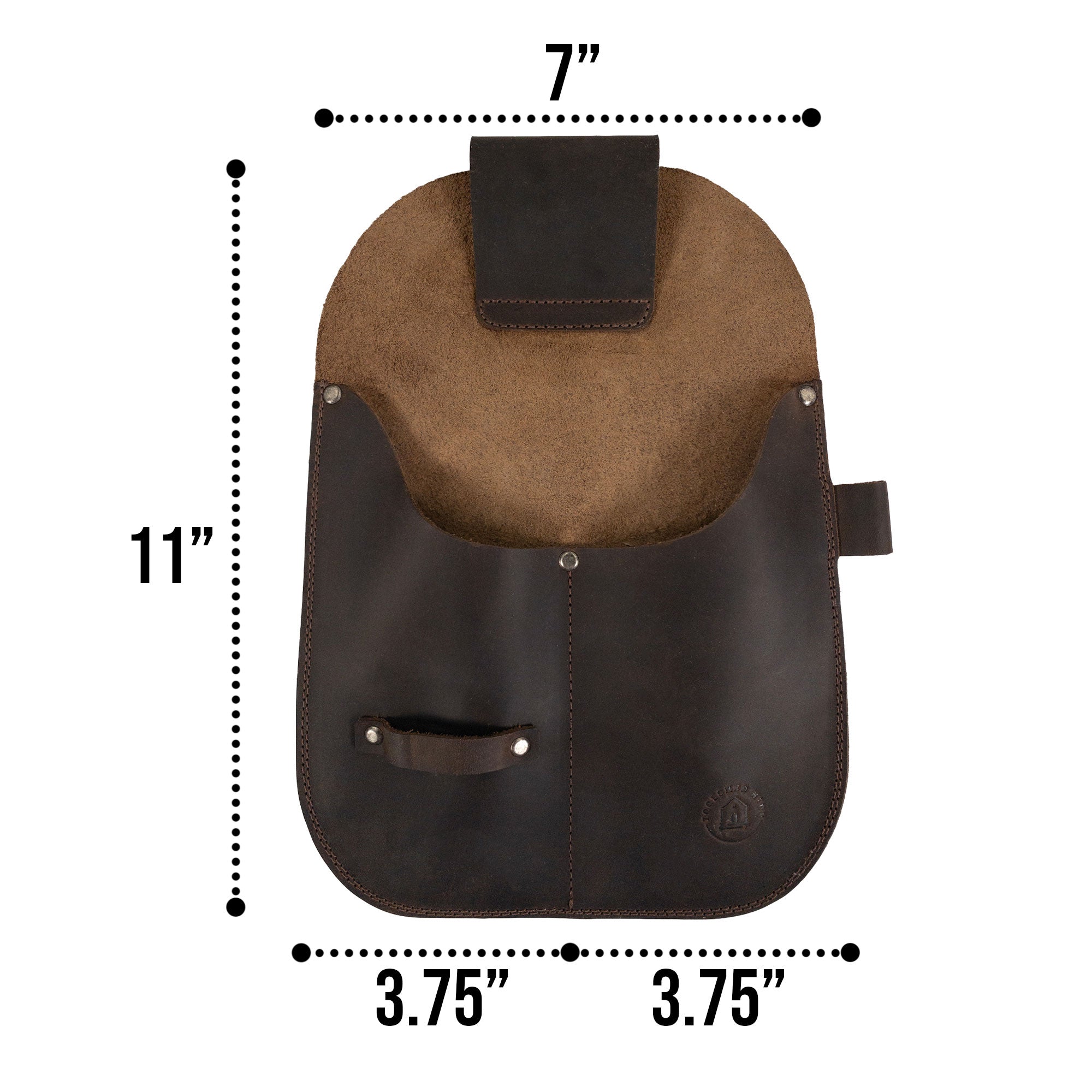 Dimensions of the Gardening Tool Holder by Toolshed Hide shown with measuring details. This essential Gardening Tool Holder, made from full grain leather, showcases the meticulous work behind small batch production, hand cut and hand sewn methods, and fire branded craftsmanship. Handmade in La Antigua Guatemala & Oaxaca Mexico.