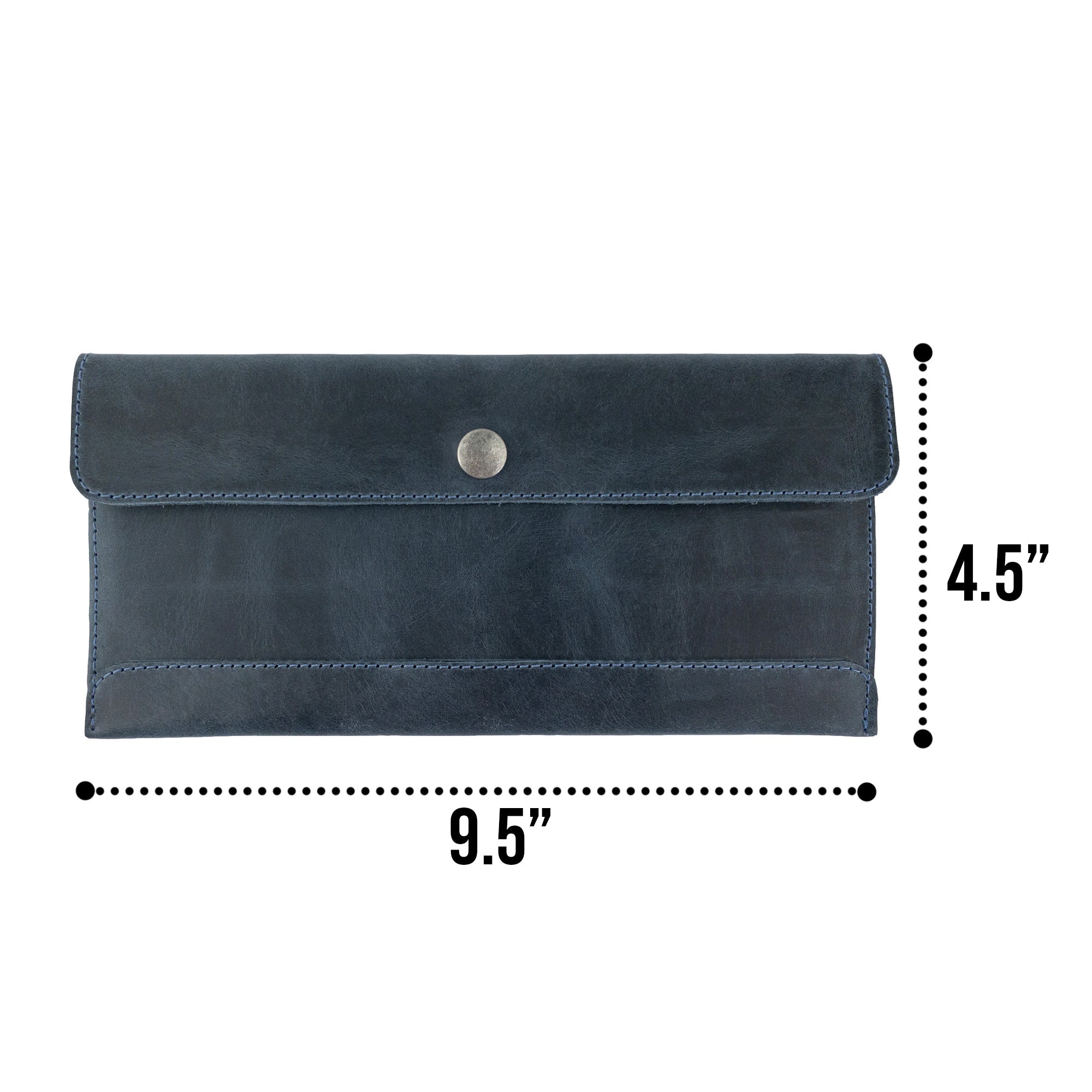 Size comparison of Hide & Drink's navy blue Travel Hand Wallet alongside a measuring tape, illustrating its dimensions and quality in Full Grain Leather. This Travel Wallet is artisan-made in La Antigua Guatemala & Oaxaca Mexico.