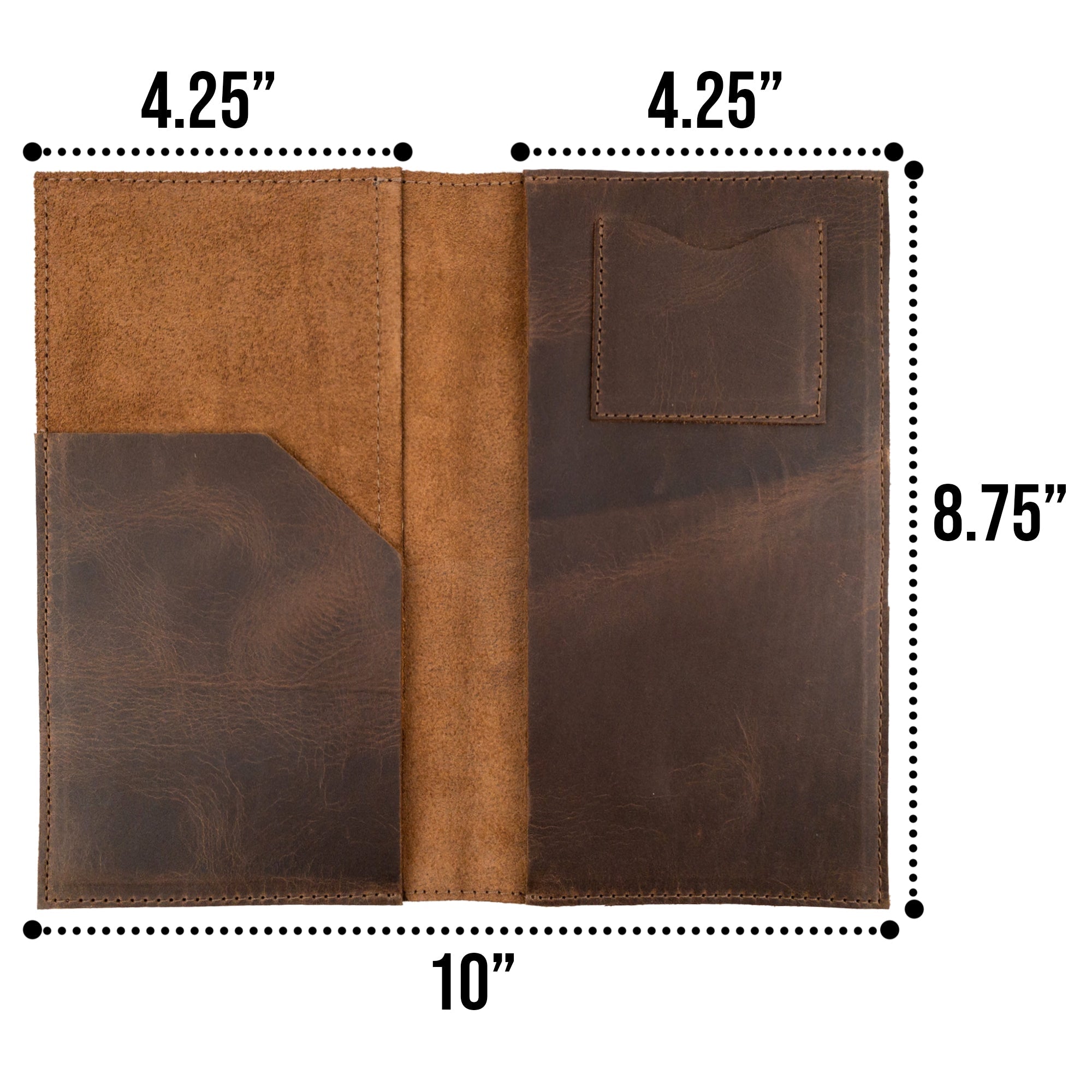 Fancy Check Presenter displayed with a business card, emphasizing its rustic Full Grain Leather quality by Hide & Drink. A must-have for cafes and restaurants, this handmade product showcases the dedication of small batch artisanship from Mexico.