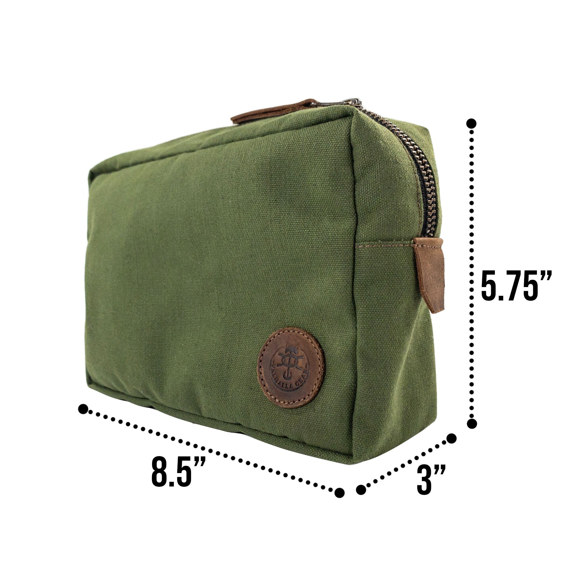 Dimensions of the Rectangular Utility Bag for Camping by Valhalla Gear displayed alongside a stylish design, made with water-resistant canvas and full grain leather, artisan-crafted for durability in La Antigua Guatemala.