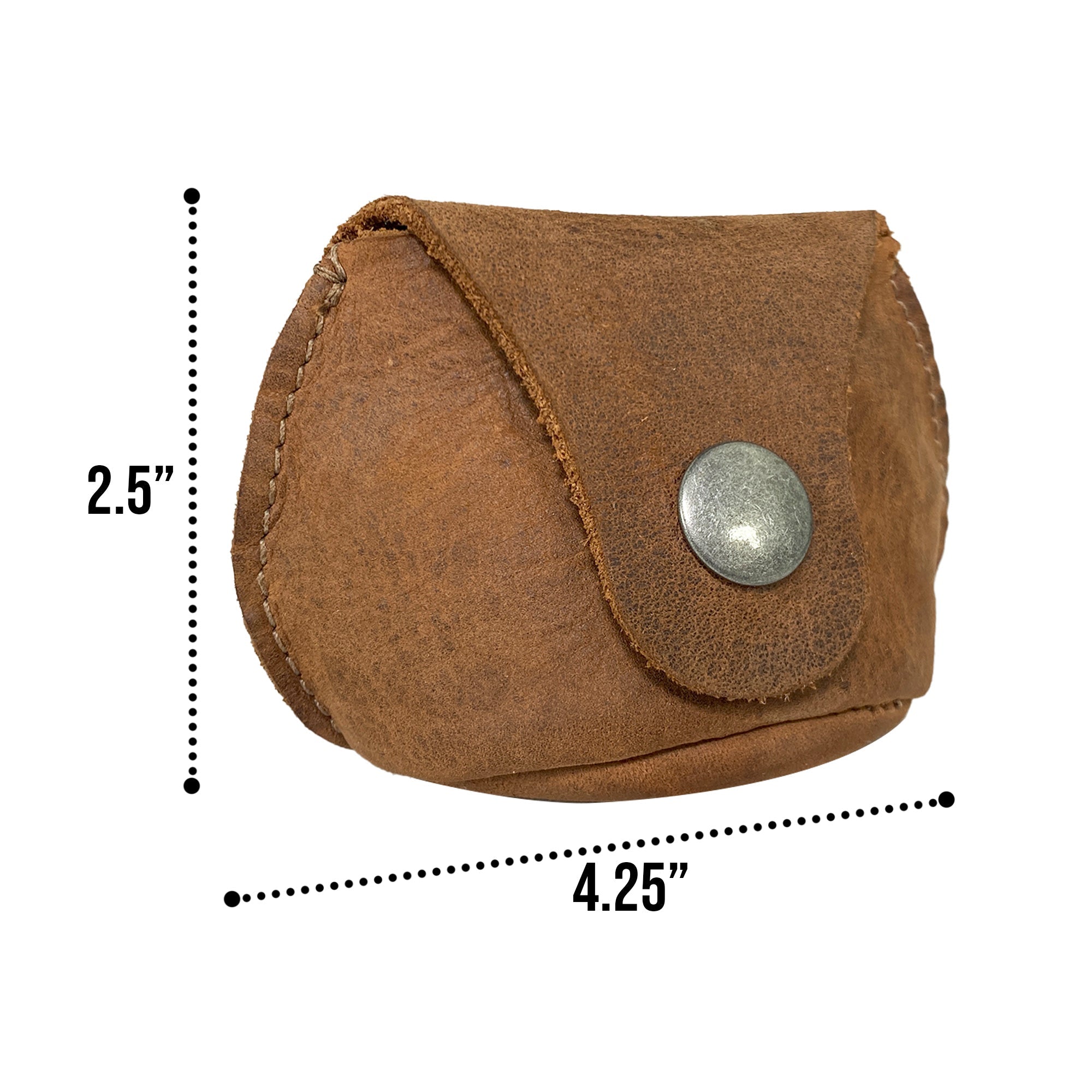 Dimension representation of the Simple Coin Pouch by Hide & Drink, displaying its size of 2.5” height and 4.25” length. Made from premium Full Grain Leather, this pouch serves multiple purposes as an EarPods Case, SD Card Holder, and Cash Organizer, showcasing StockyardX’s dedication to small-batch production, hand cut and hand sewn perfection. Handmade in La Antigua Guatemala & Oaxaca Mexico.