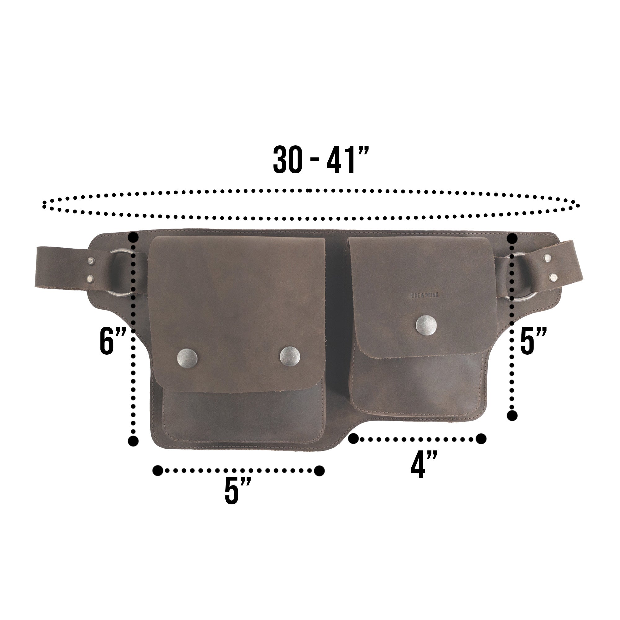 A detailed image showcasing the measurements of the Hide & Drink Rectangular Waist Bag, tailored for a perfect fit. This innovative Waist Bag with Adjustable Belt is crafted from durable Full Grain Leather, making it an invaluable outdoor accessory and tool holder for camping, featuring artisan craftsmanship from small batch production handcrafted in La Antigua Guatemala & Oaxaca Mexico.