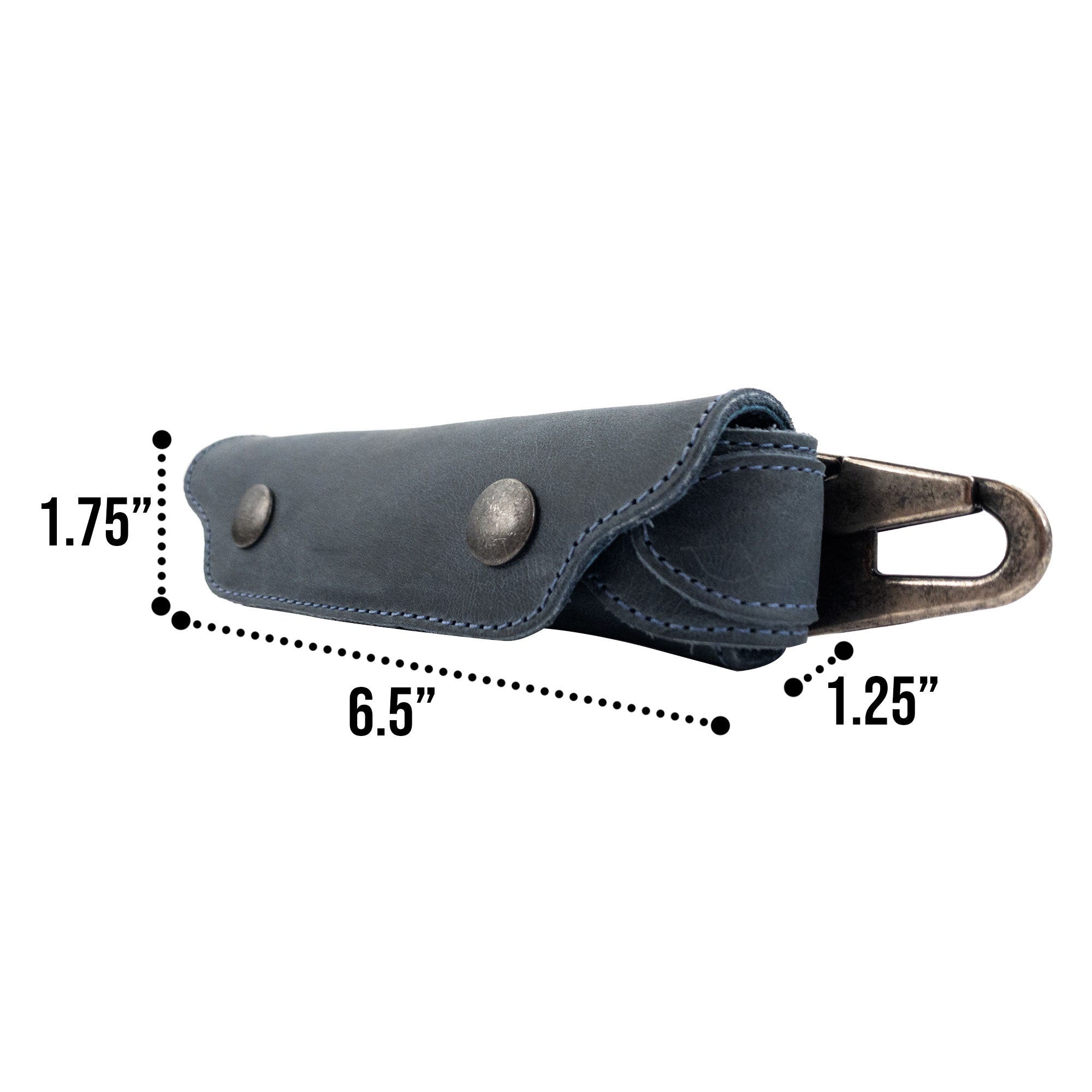 Dimensions of the blue Harmonica Case, showcasing its compact design ideal for travel. This Hide & Drink instrument cover is crafted from full grain leather, ensuring quality craftsmanship and style for musicians.