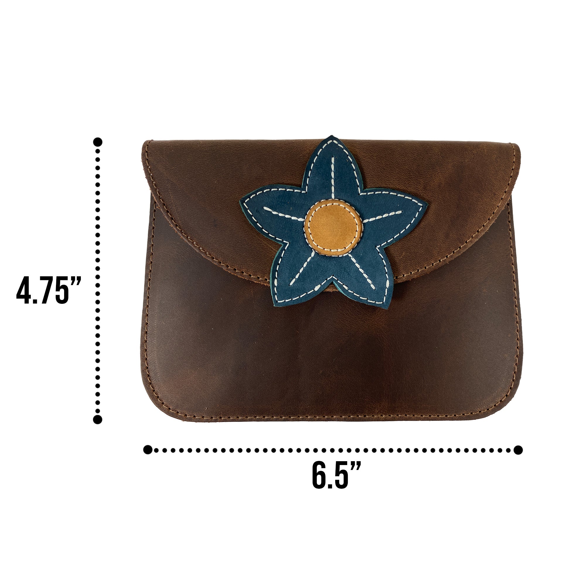 Measurement image of Heather's Flower Card Wallet, depicting its 4.75" height and 6.5" length. Made of Full Grain Leather, this artisan wallet is a hand cut, hand sewn piece.