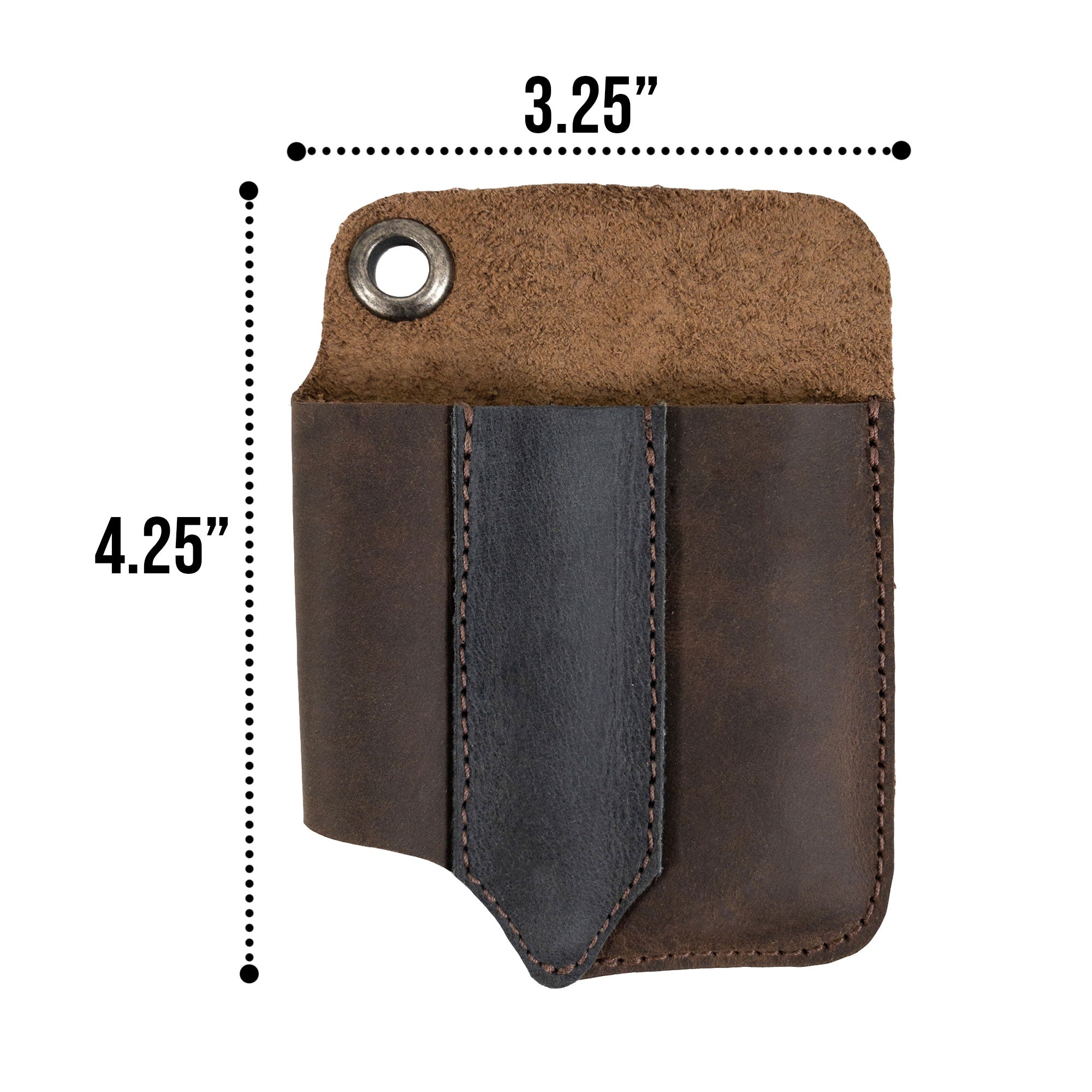 A top view of the Compact EDC Tool Holster by Valhalla Gear; demonstrating its unique design and leather texture. This artisan pocket case serves as a robust rustic sleeve for tools, perfect for everyday carry.