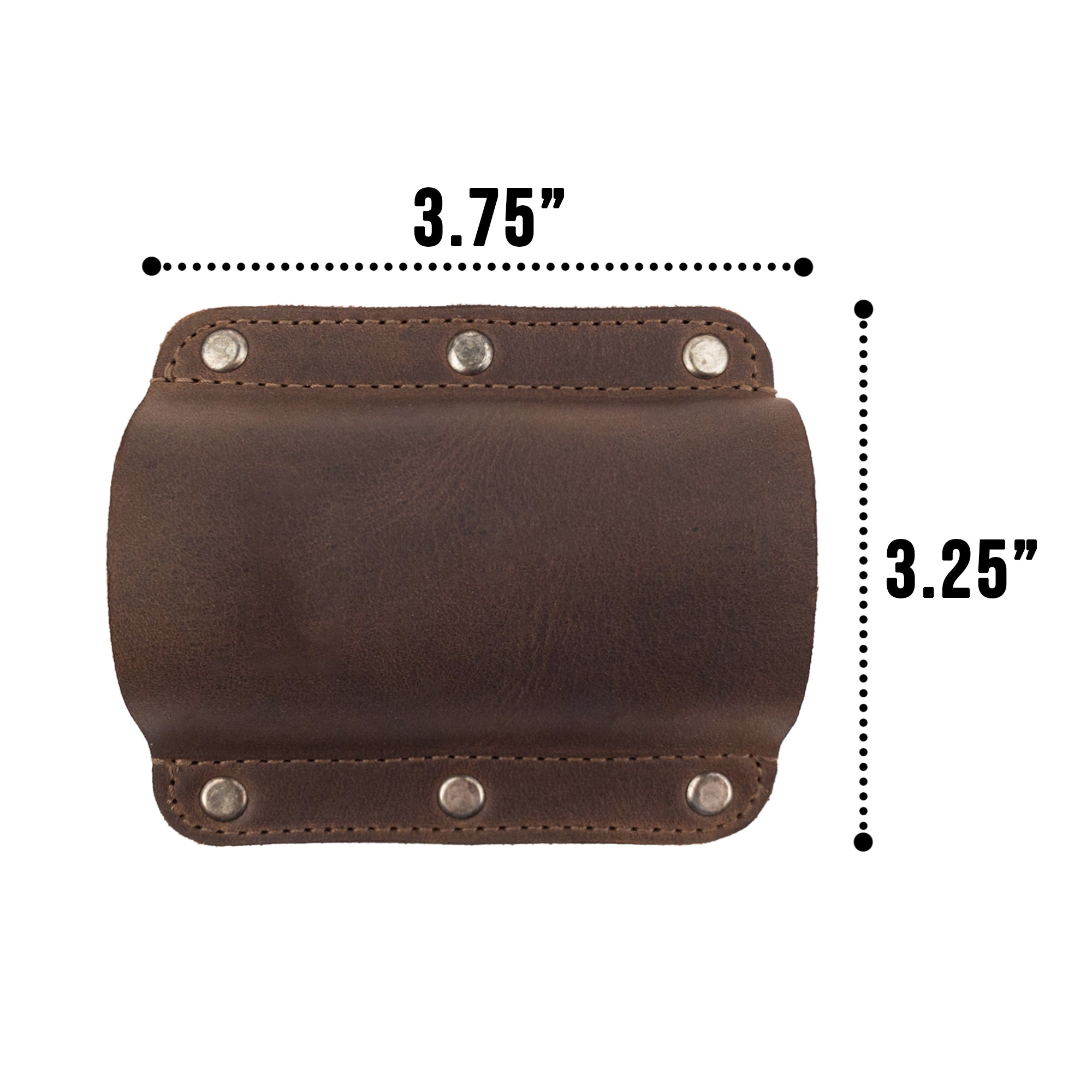 Detailed view of dimensions for the Knife Sheath for Belt from Valhalla Gear, emphasizing its practical size of 3.75 in. by 3.25 in. This full grain leather Knife Holster - Horizontal Holder is designed for reliability, showcasing artisan craftsmanship from La Antigua Guatemala & Oaxaca Mexico.